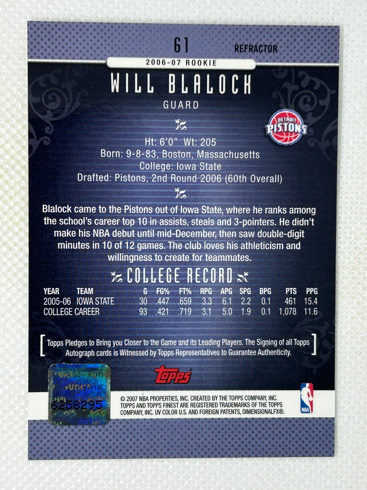 2006-07 Topps Finest Rookie Refractors Autograph #61 Will Blalock Detroit Pistons