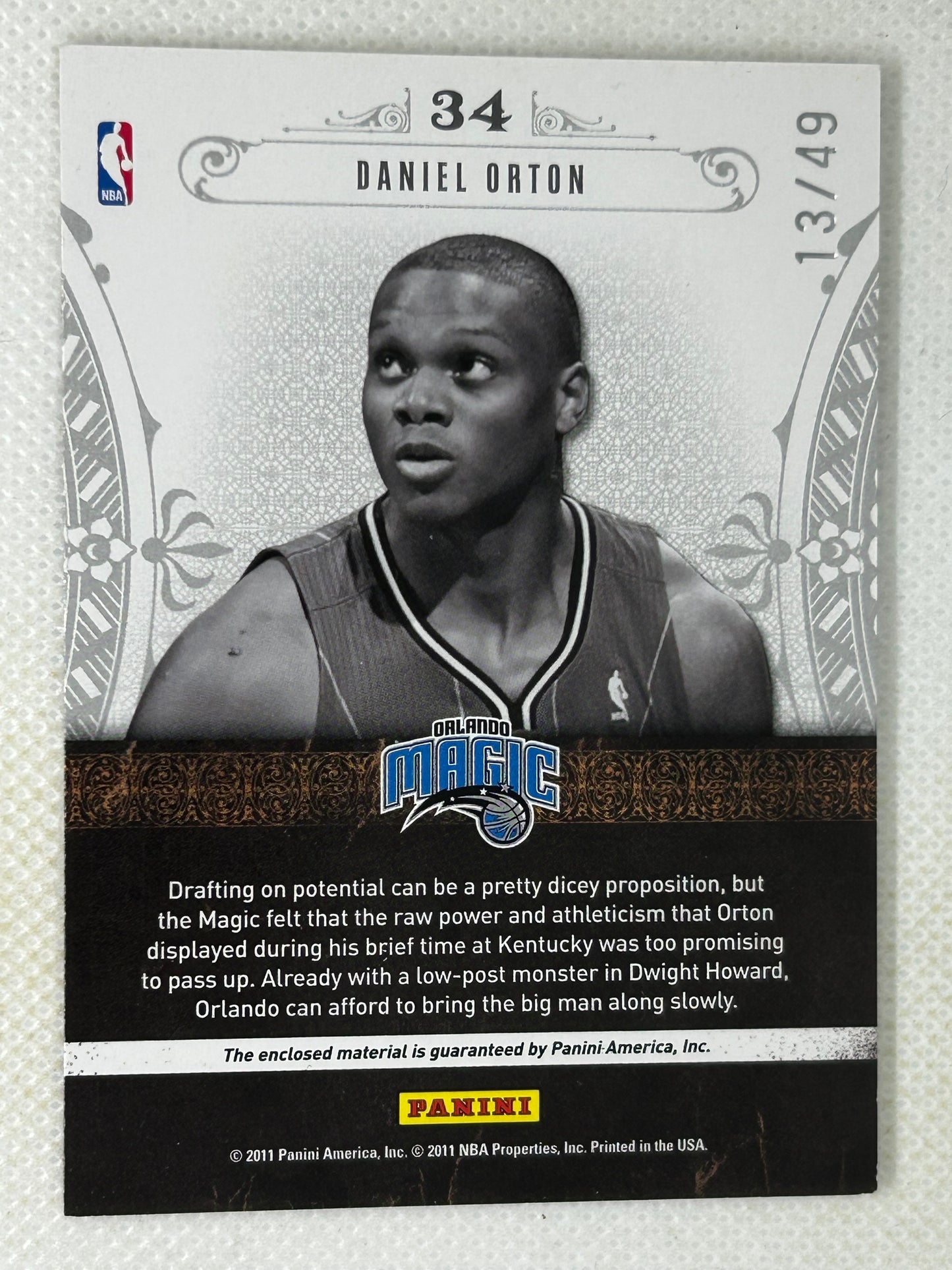 2010-11 Playoff National Treasures Rookie Card Dual Prime Patch /49 Daniel Orton #34 Orlando Magic