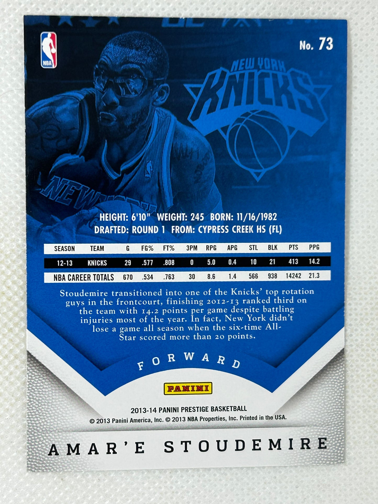 2013-14 Panini Prestige Amar'e Stoudemire #73 New York Knicks