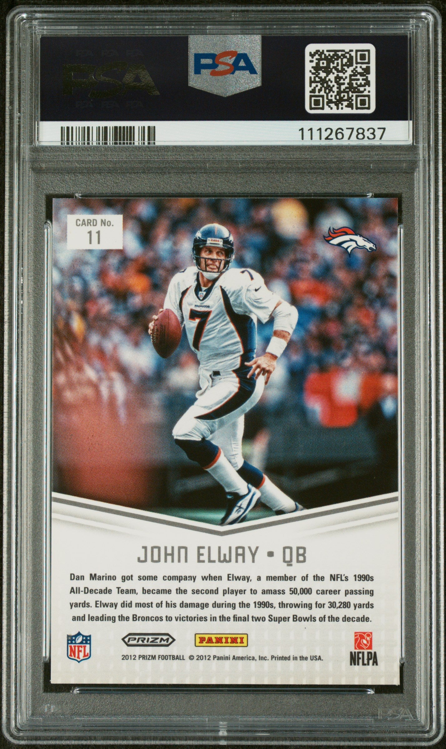 2012 Panini Prizm Decade Dominance Silver Prizm Insert #11 John Elway Denver Broncos PSA 9