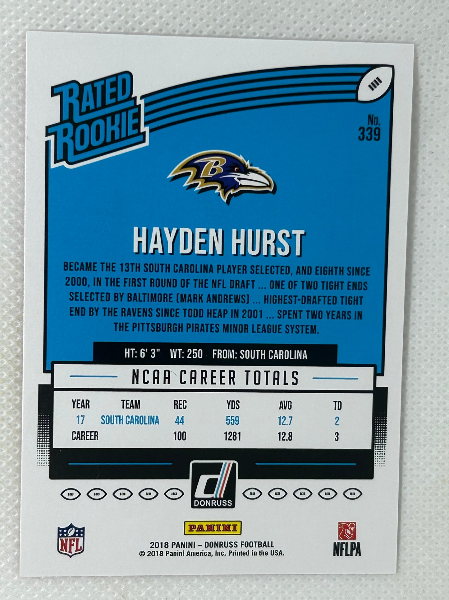 2018 Panini Donruss Rated Rookie Press Proof Red Hayden Hurst #339 Baltimore Ravens