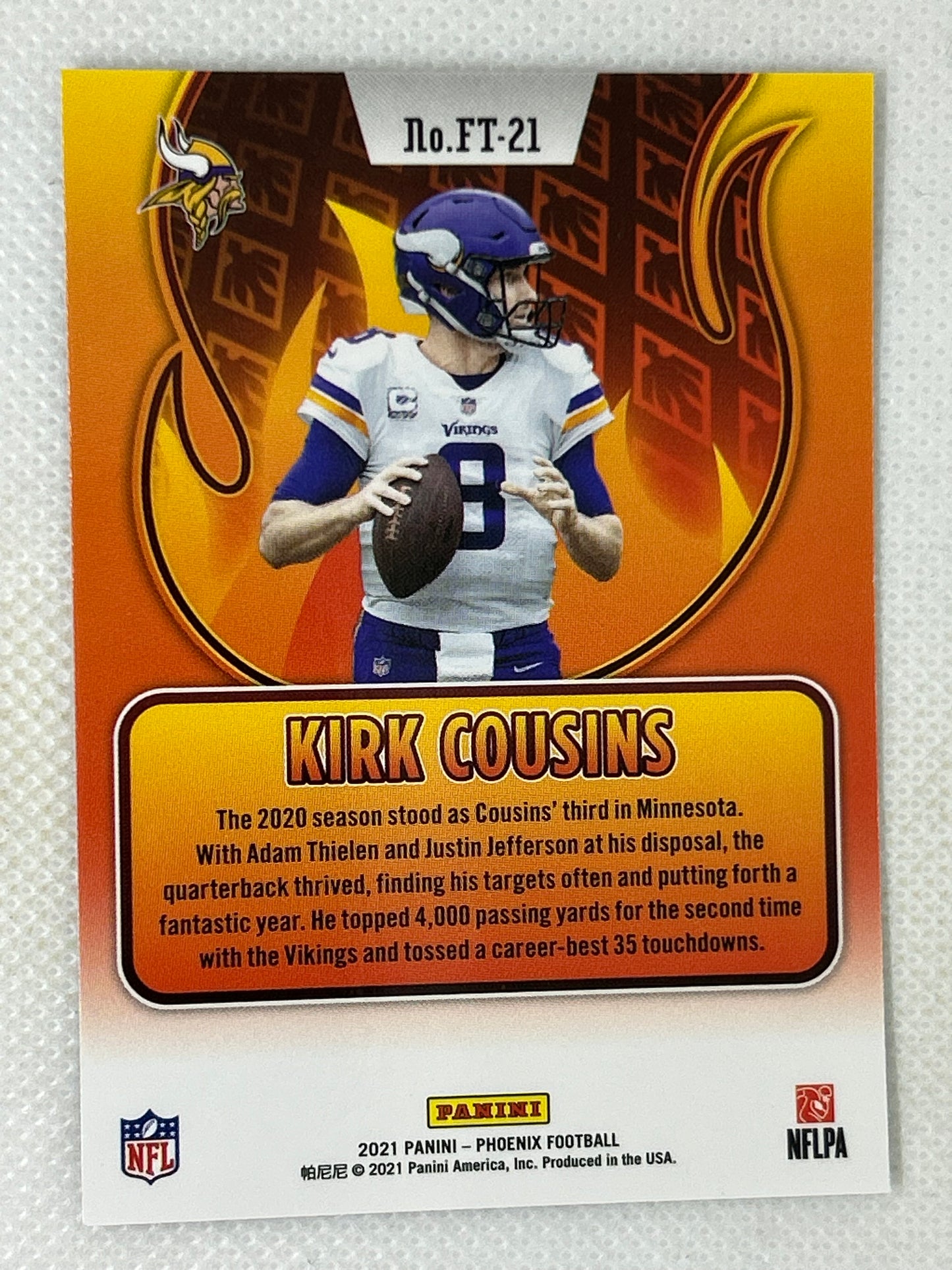 2021 Panini Phoenix Flame Throwers #FT-21 Kirk Cousins Minnesota Vikings