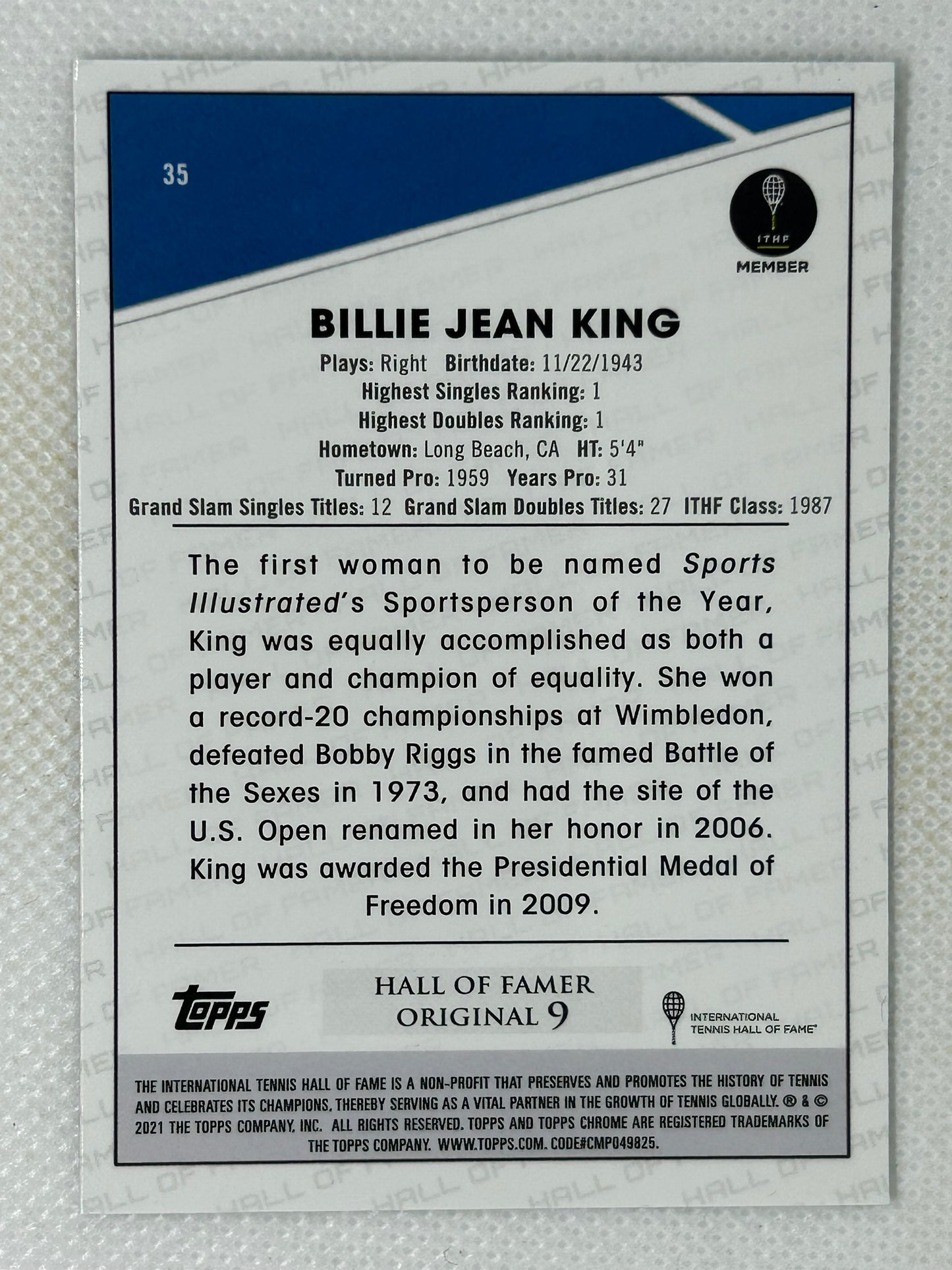 2021 Topps Chrome B&W Mini-Diamond #35 Billie Jean King HOF Signed Card
