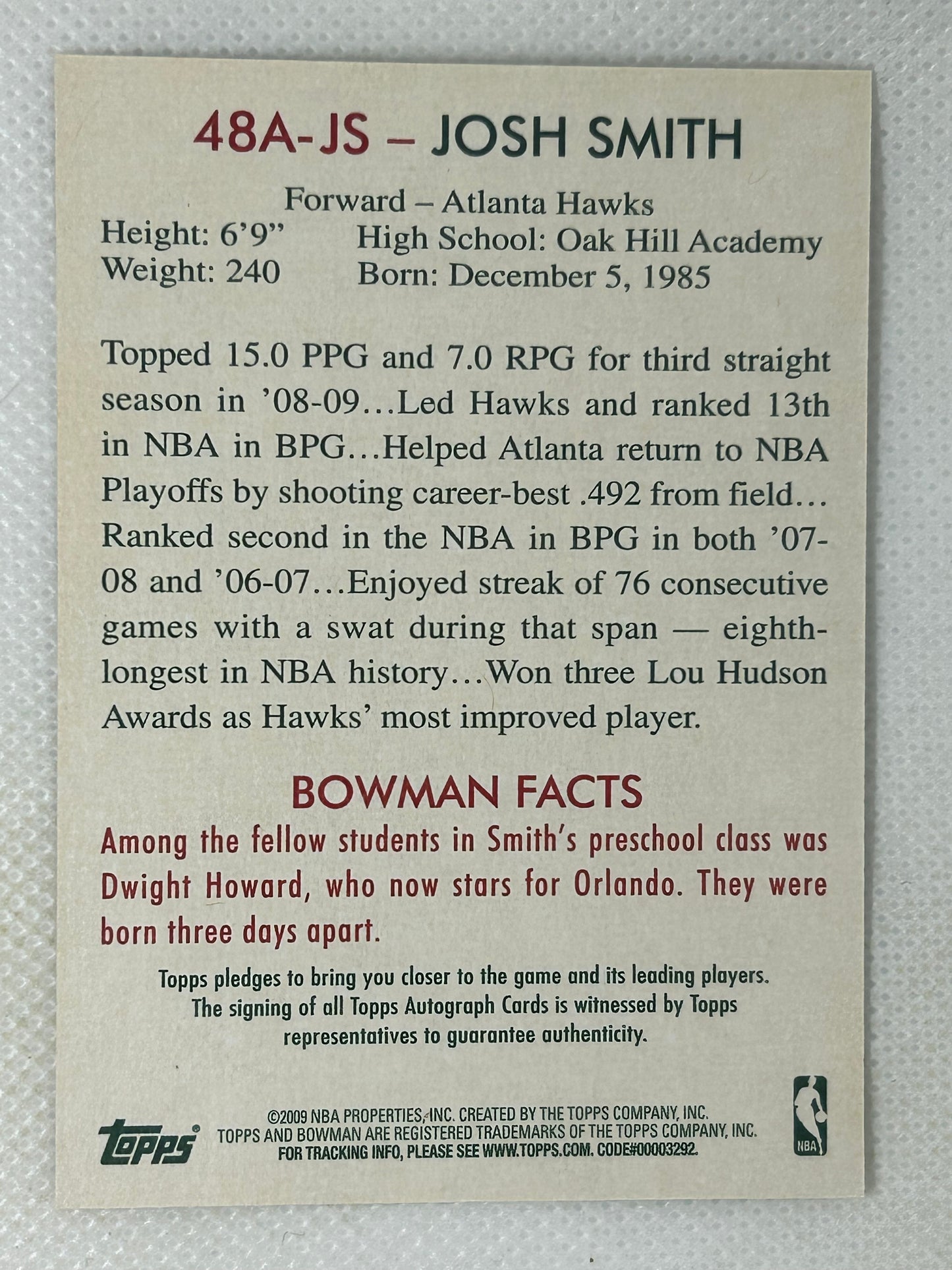 2009-10 Bowman '48 '48 Autograph Josh Smith #48A-JS Atlanta Hawks