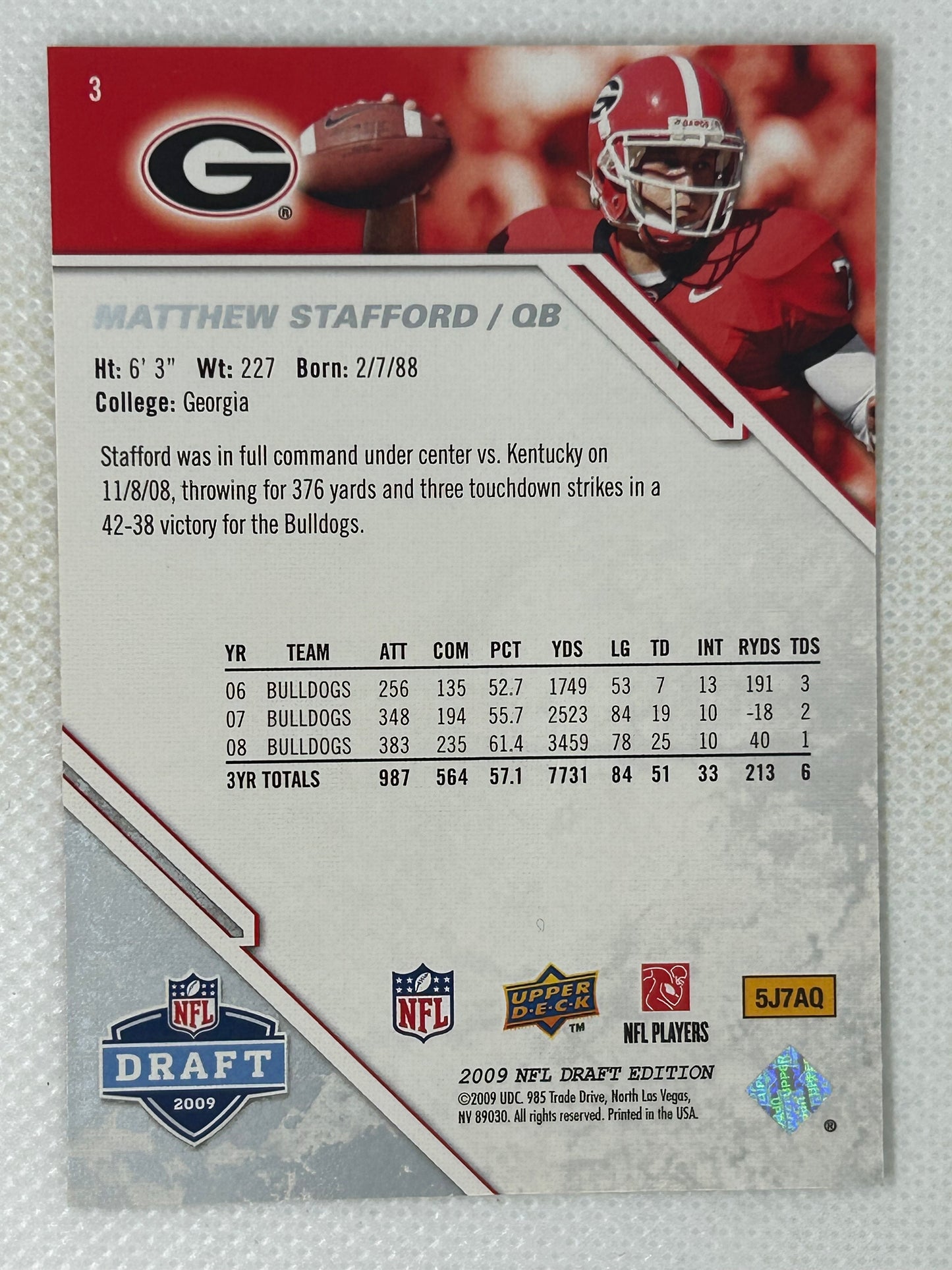 2009 Upper Deck NFL Draft Rookie Card #3 Matthew Stafford Georgia Bulldogs