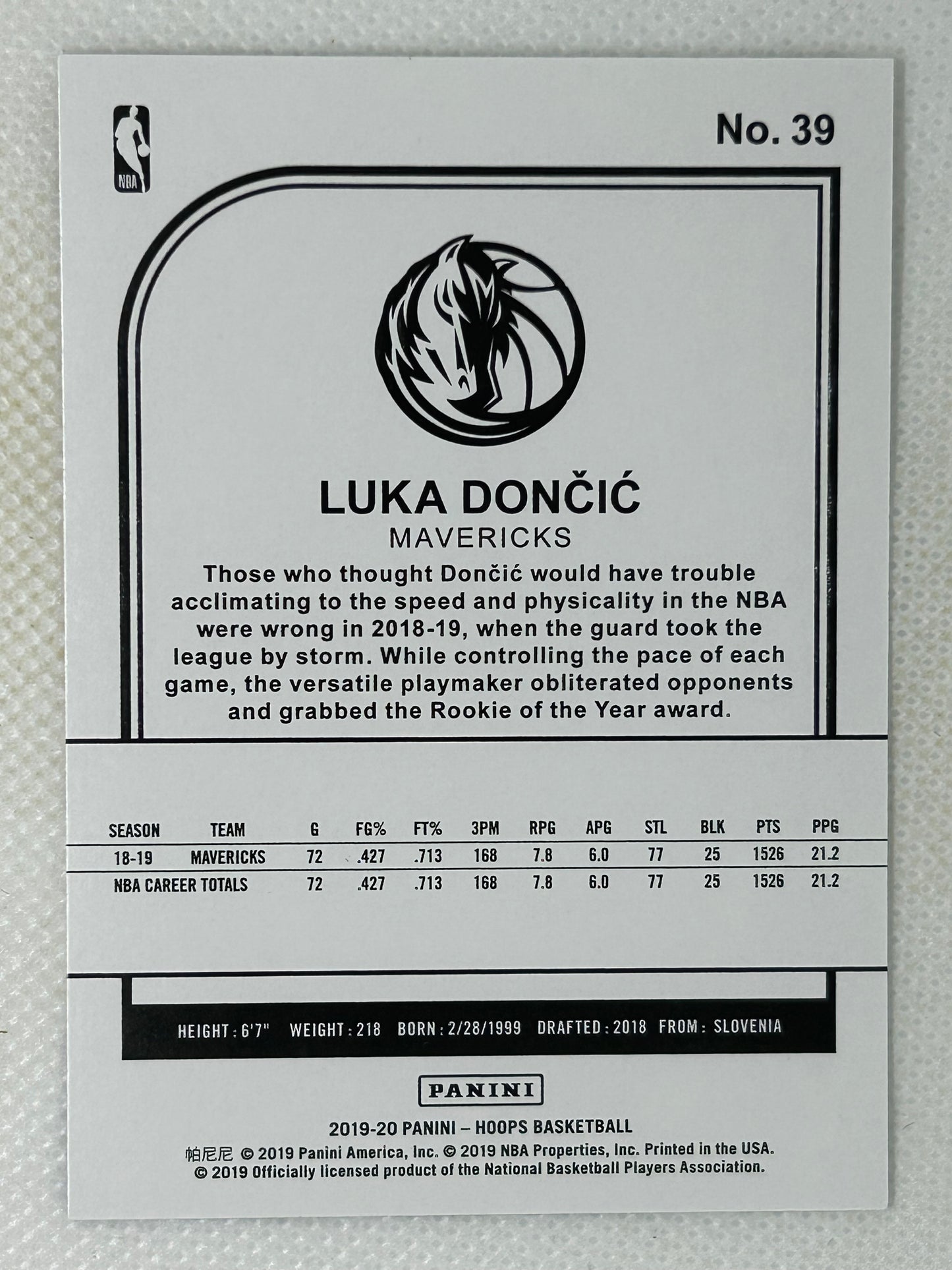 2019-20 Panini Hoops #39 Luka Dončić Dallas Mavericks