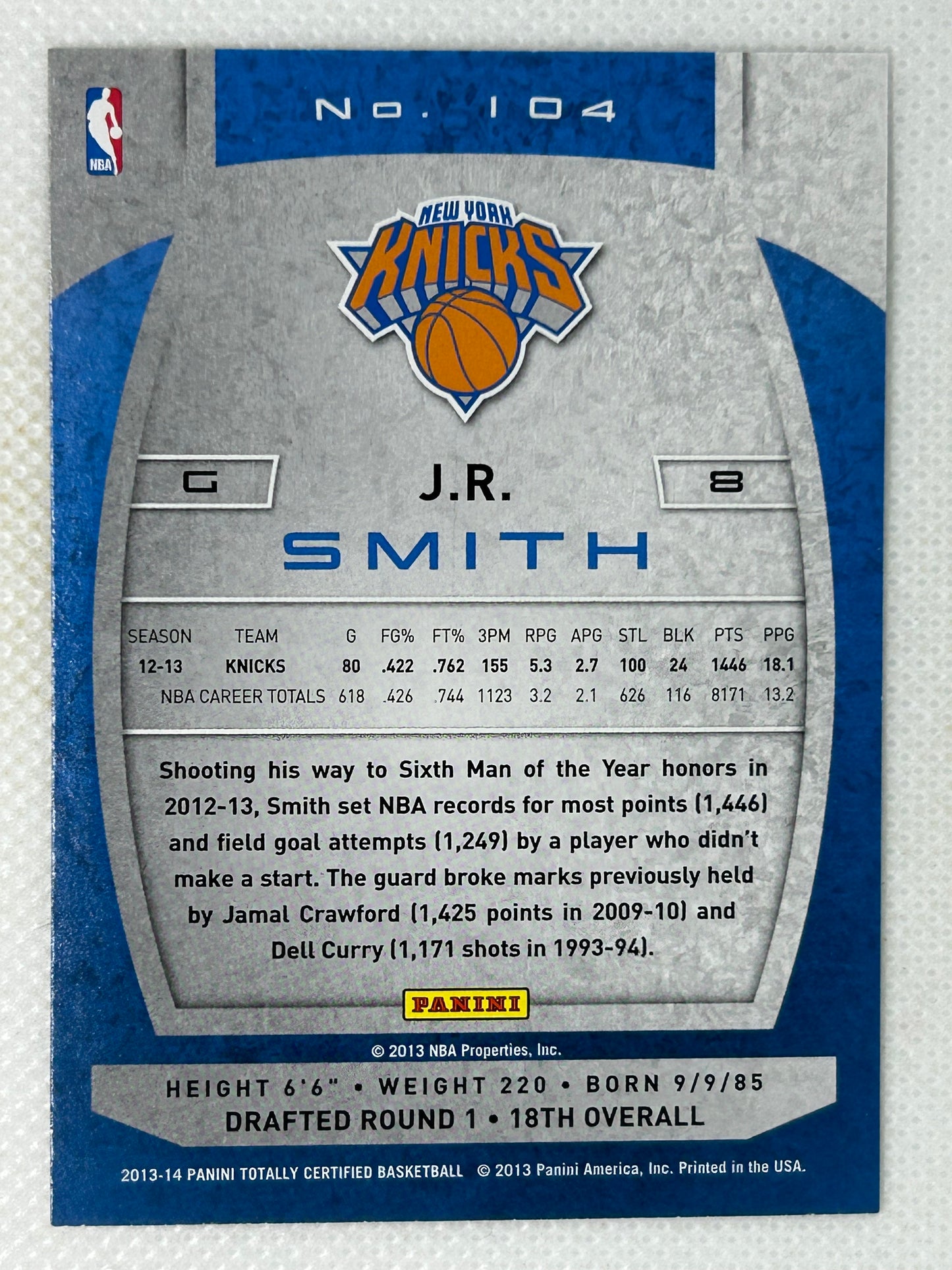 2013-14 Panini Totally Certified JR Smith #104 New York Knicks