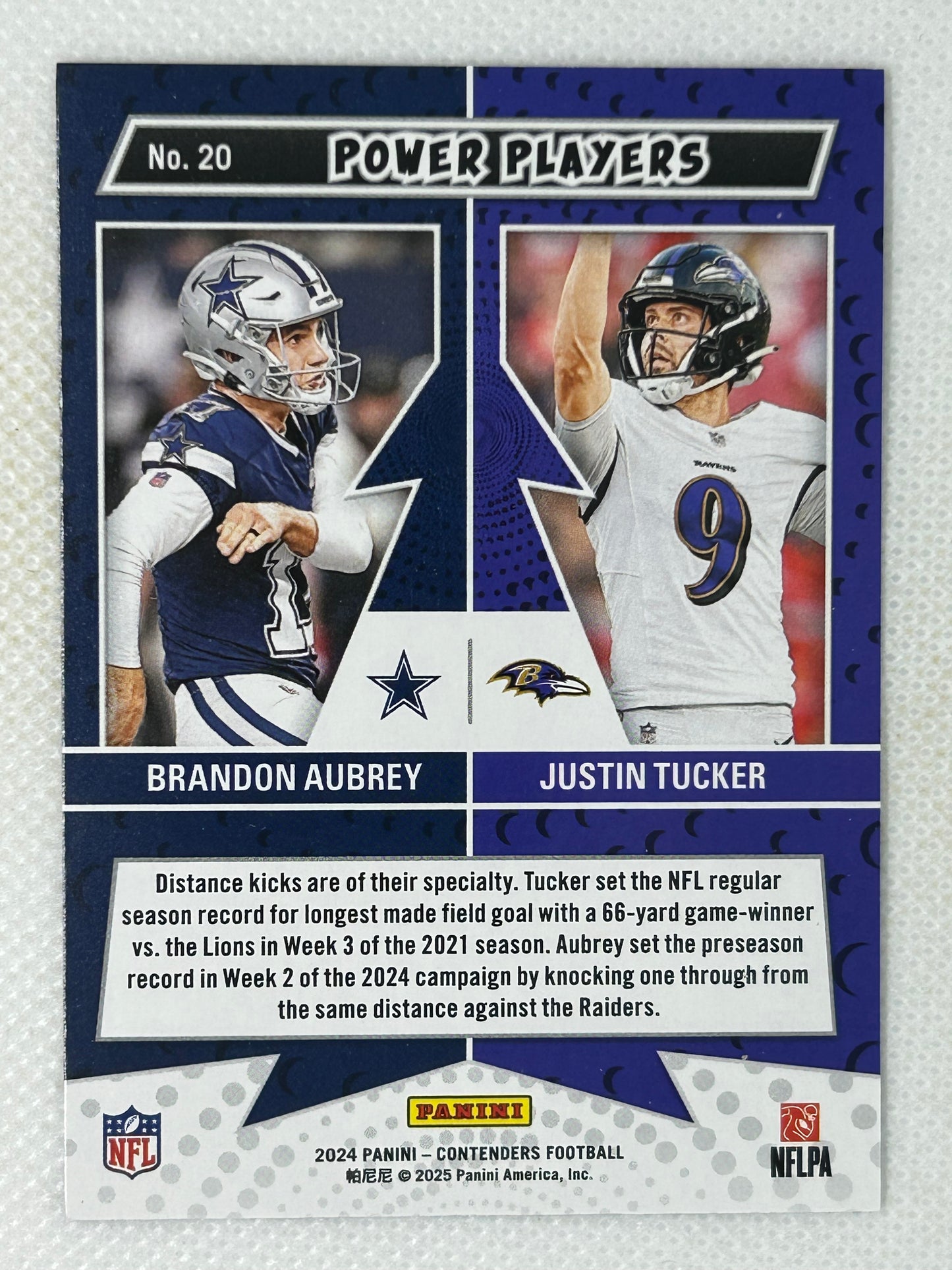 2024 Panini Contenders Brandon Aubrey Justin Tucker Power Players #20 Dallas Cowboys Baltimore Ravens