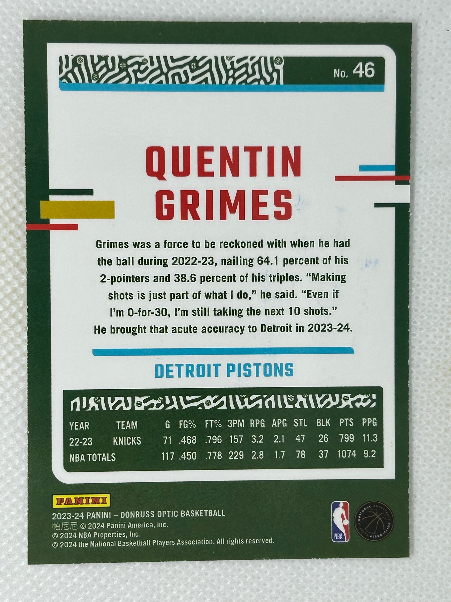 2023-24 Panini Optic Quentin Grimes #46 Detroit Pistons Signed Card