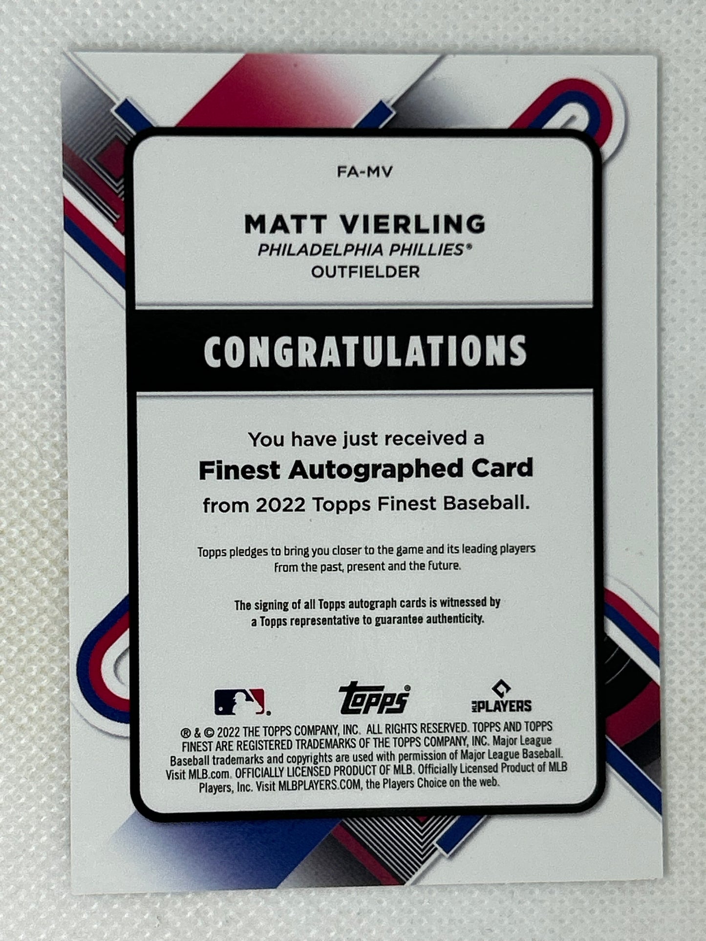 2022 Topps Finest Matt Vierling Rookie Autograph Refractor #FA-MV Philadelphia Phillies
