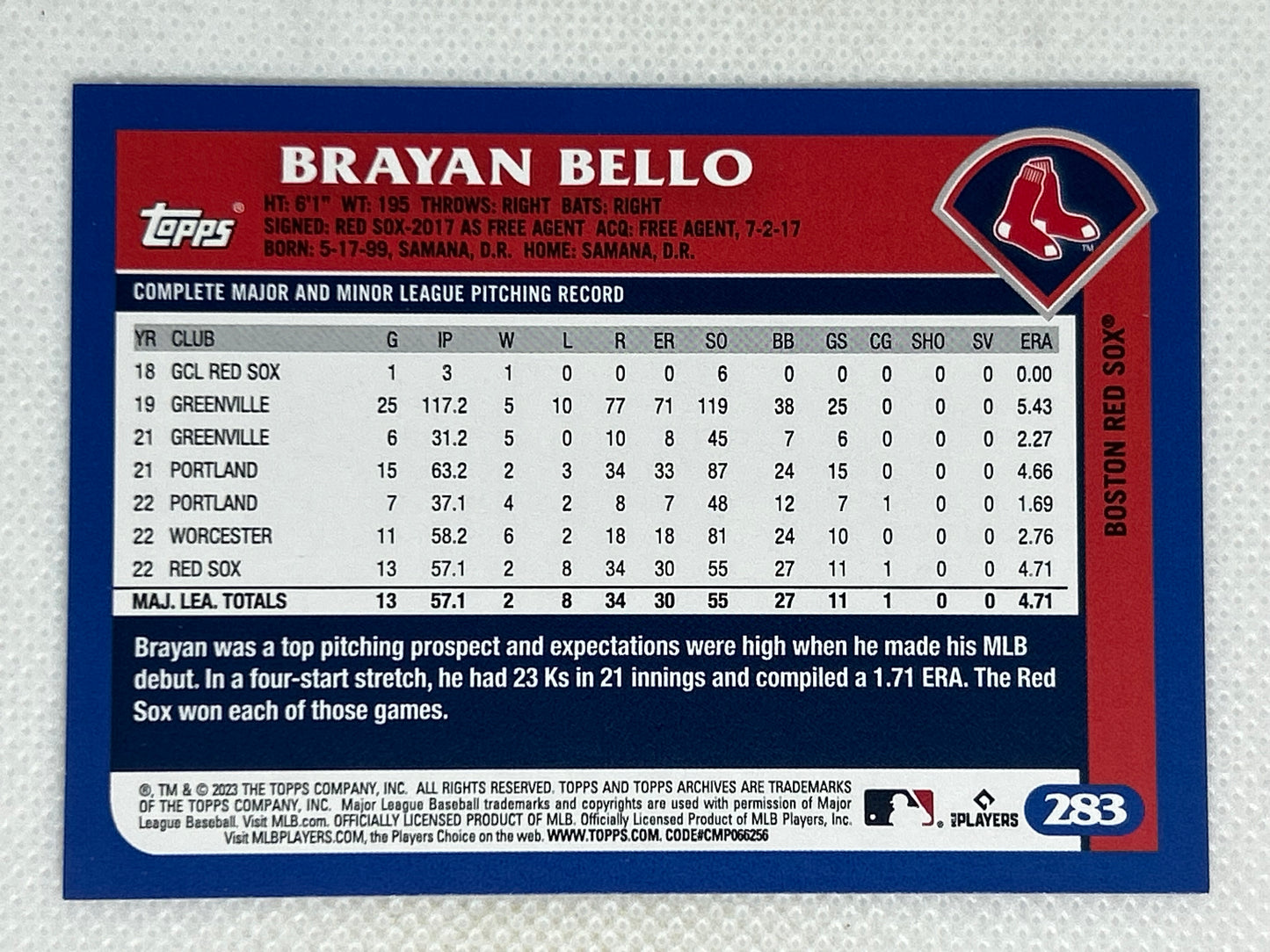 2023 Topps Archives Blue Border Rookie Card SP Brayan Bello #283 Boston Red Sox