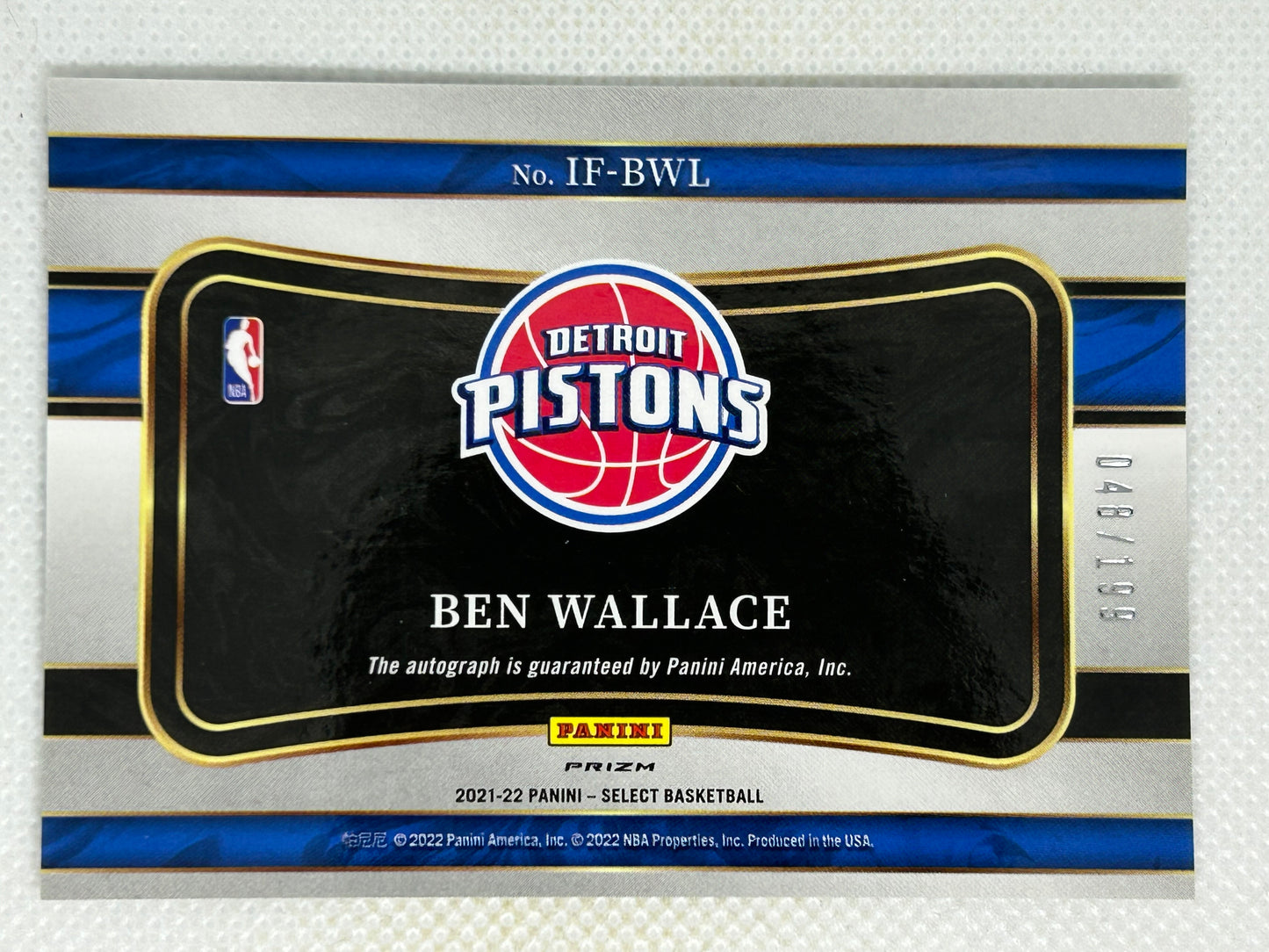 2021-22 Panini Select In Flight Signatures Silver Prizm Autograph #IF-BWL Ben Wallace /199 Detroit Pistons