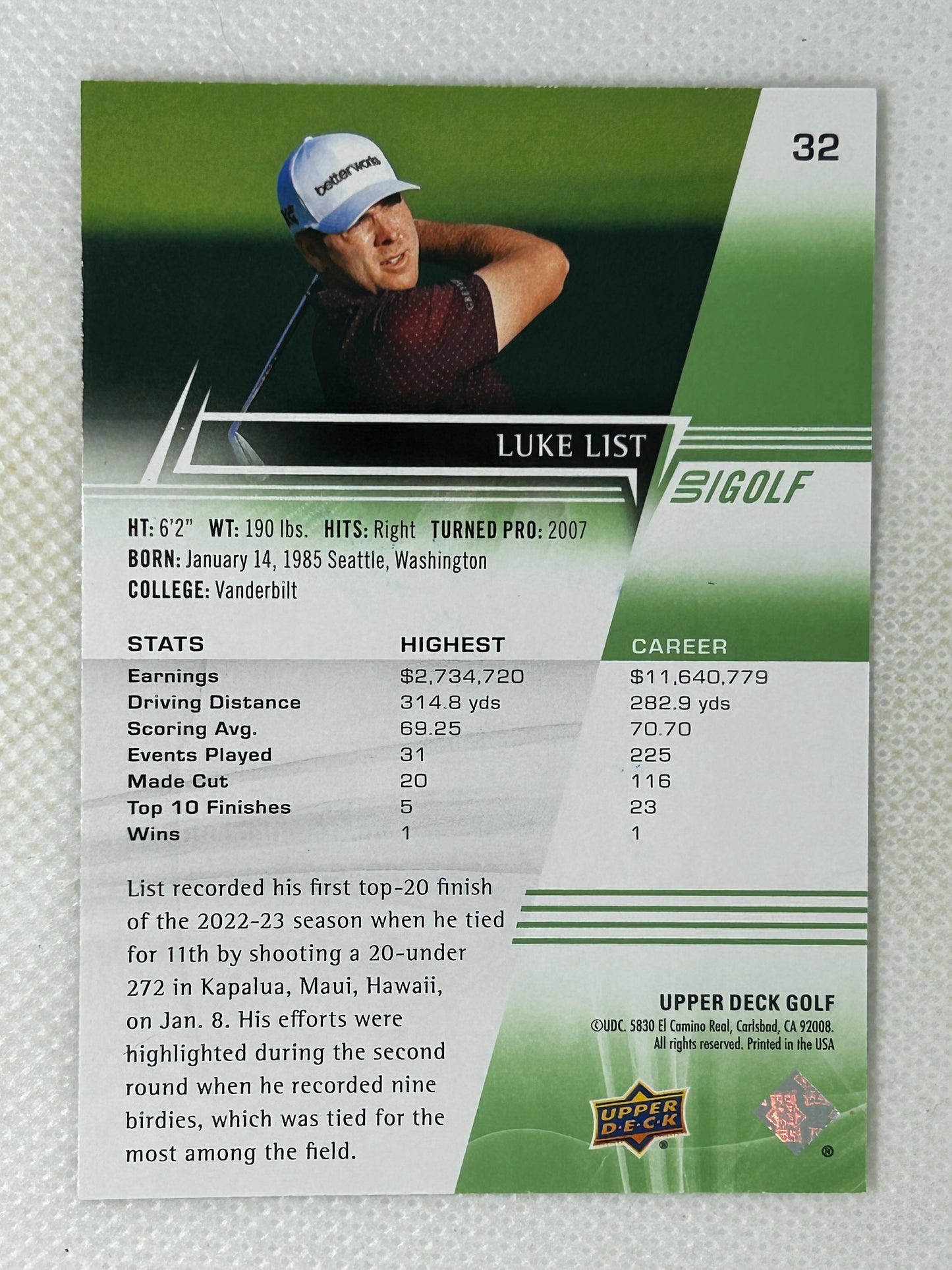 2024 Upper Deck Golf Luke List #32 Signed Card