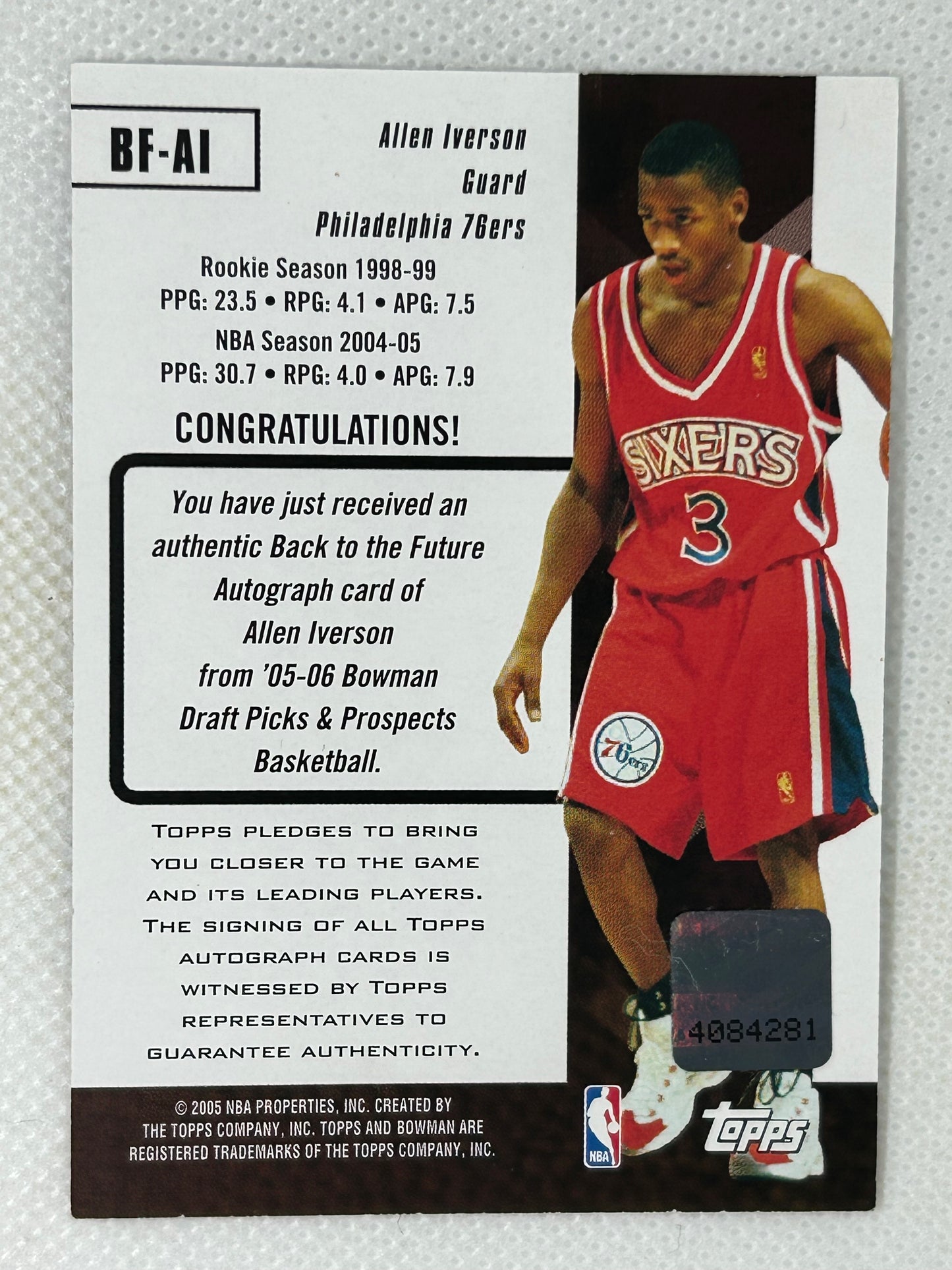 2005-06 Topps Bowman Draft Picks & Prospects Back to the Future Allen Iverson Autograph #BF-AI Philadelphia 76ers
