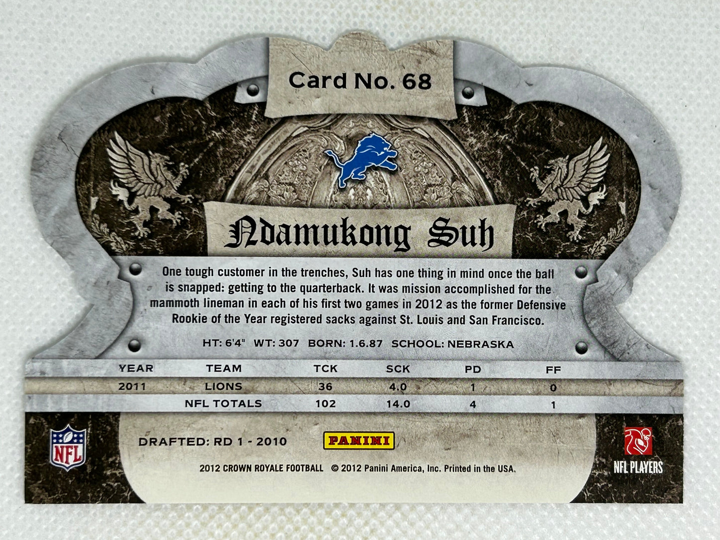 2012 Panini Crown Royale #68 Ndamukong Suh Detroit Lions