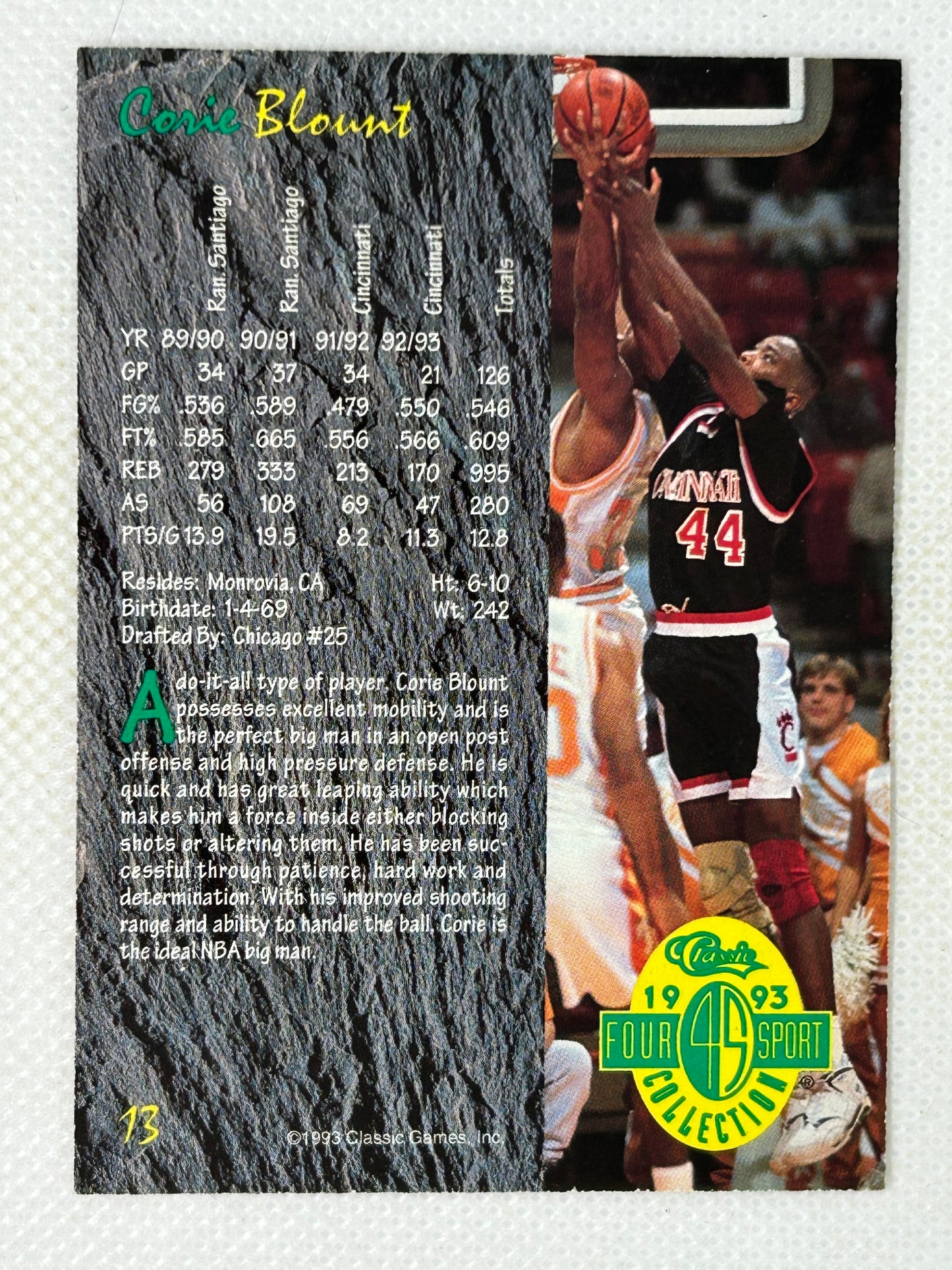 1993 Classic Four Sport #13 Corie Blount Cincinnati Bearcats Signed Card