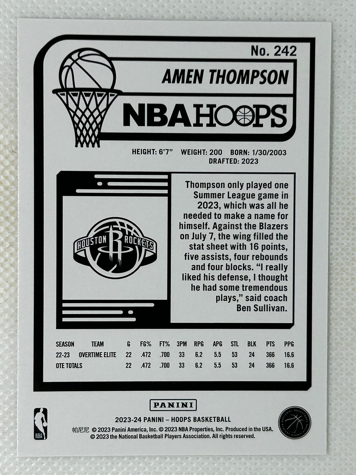 2023-24 Panini Hoops Winter Rookie Card Amen Thompson #242 Houston Rockets