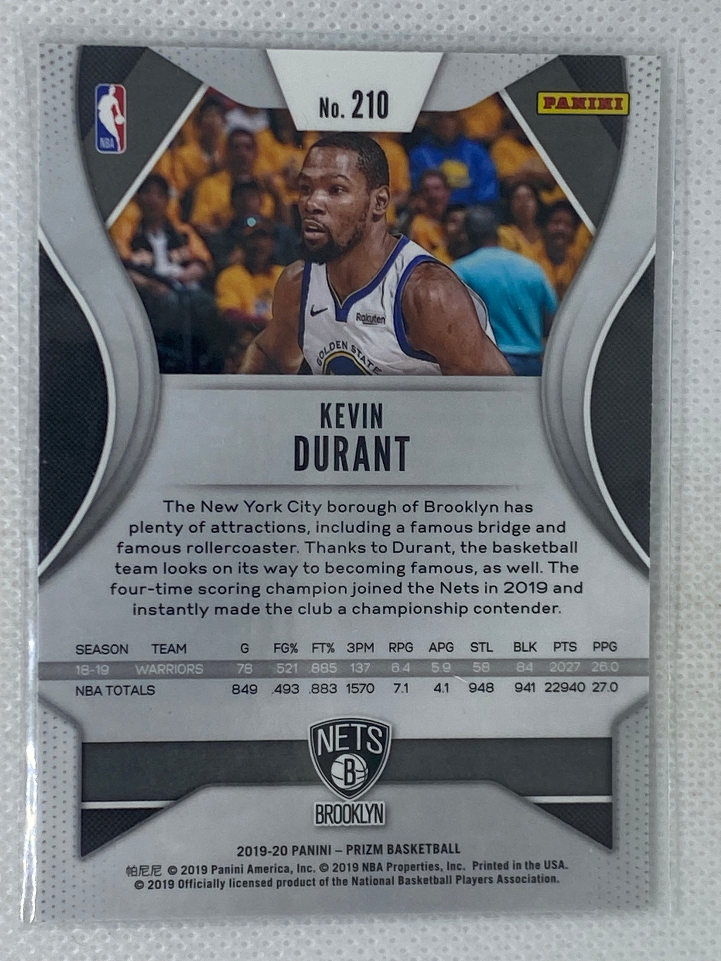 2019-20 Panini Prizm Kevin Durant #210 Brooklyn Nets