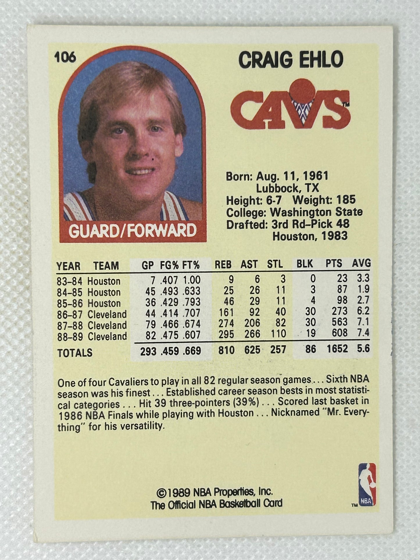 1989-90 Hoops Rookie Card #106 Craig Ehlo Cleveland Cavaliers Signed Card
