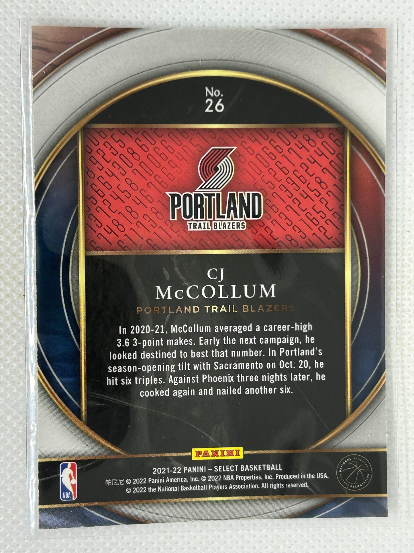 2021-22 Panini Select Numbers CJ McCollum #26 Portland Trailblazers