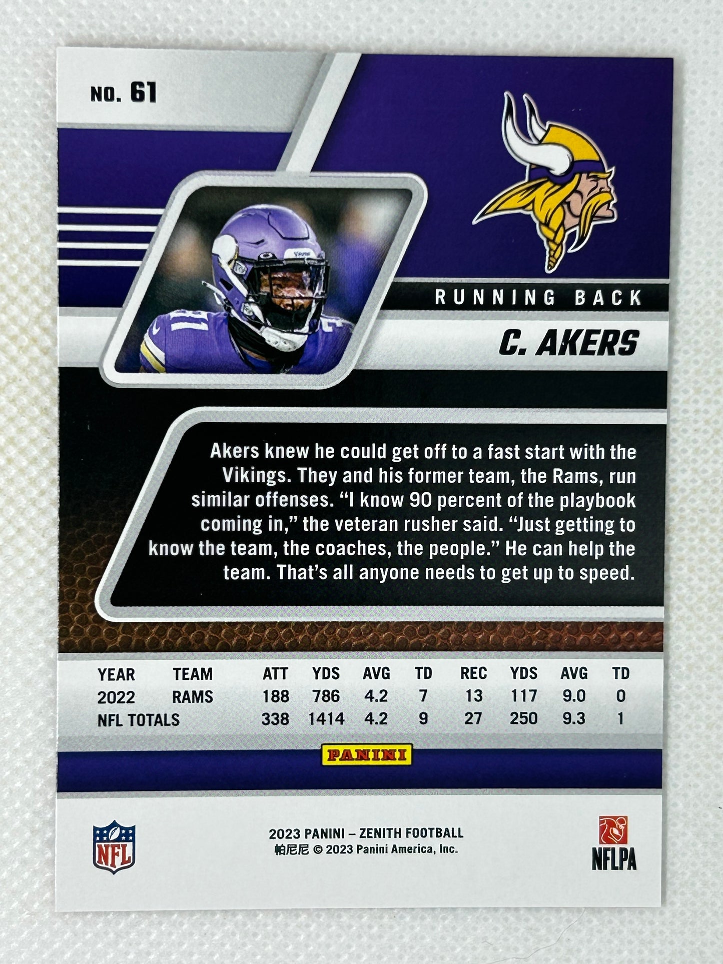 2023 Panini Zenith Cam Akers #61 Minnesota Vikings
