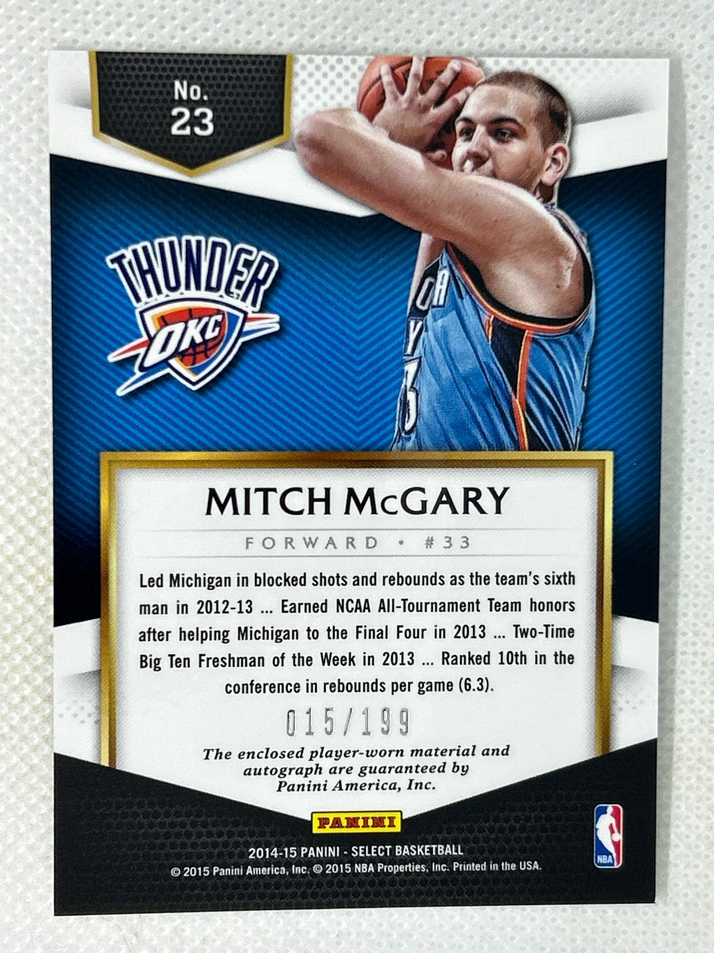 2014-15 Panini Select Rookie Jersey Auto /199 Mitch McGary #23 Oklahoma City Thunder