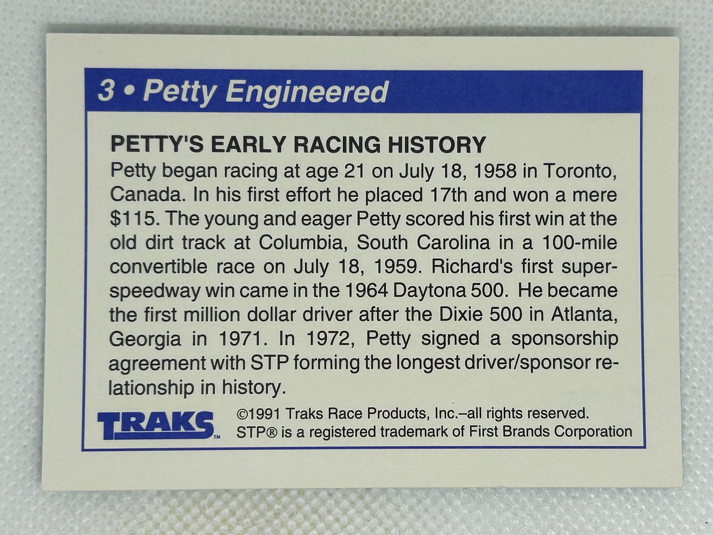 1991 Traks Racing Richard Petty #3 Petty Engineered Signed Card