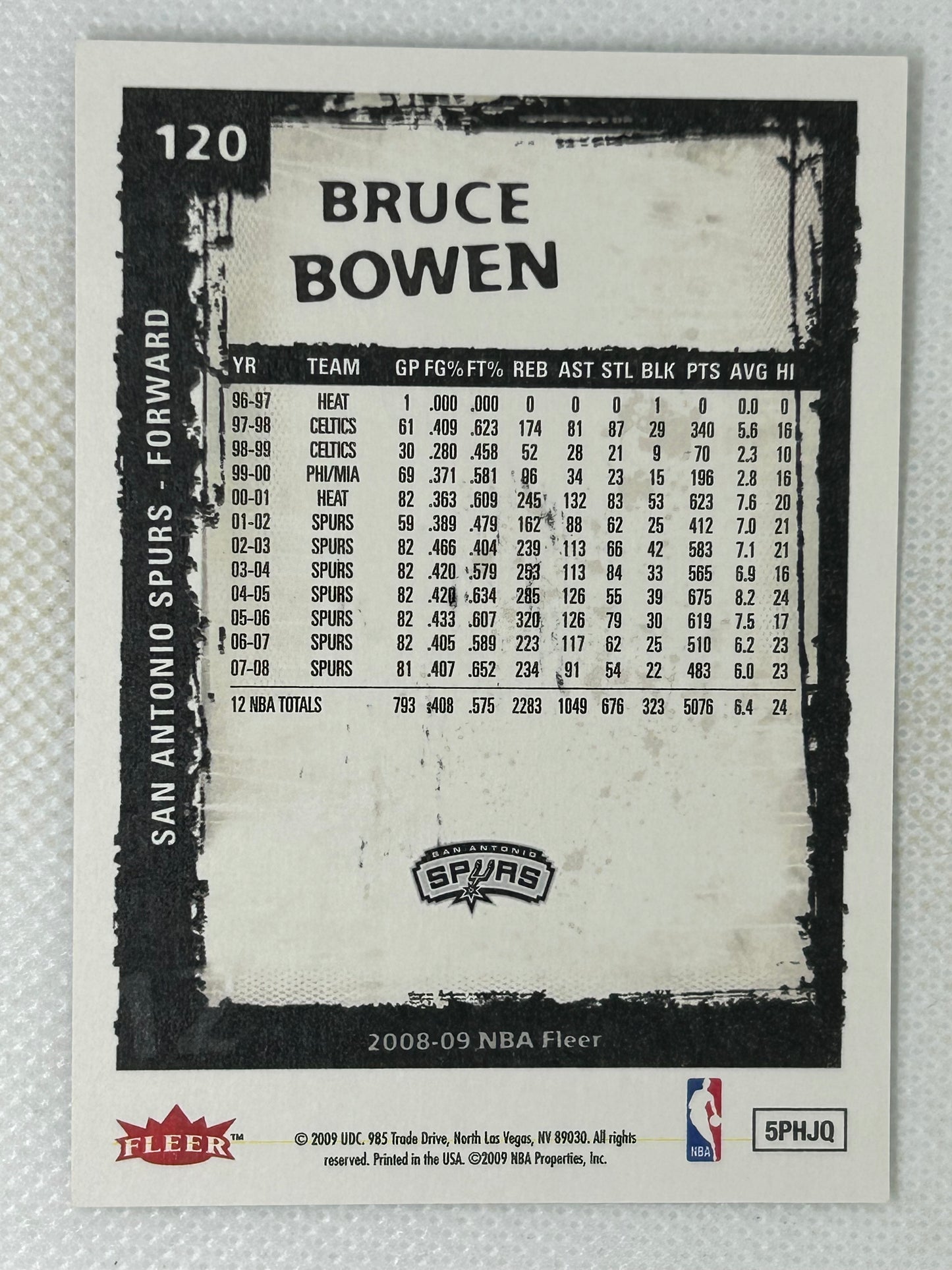 2008-09 Fleer Bruce Bowen #120 San Antonio Spurs Signed Card