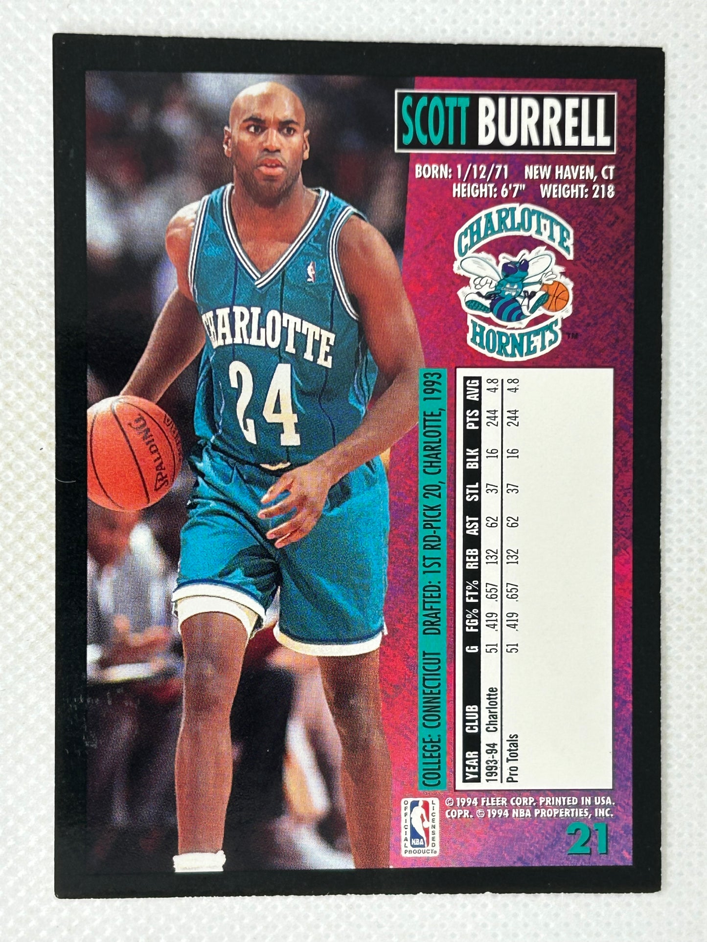 1994-95 Fleer #21 Scott Burrell Charlotte Hornets Signed Card