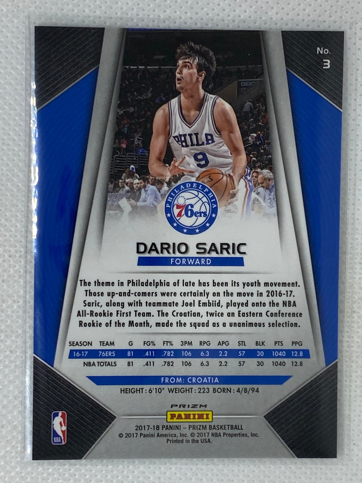 2017-18 Panini Prizm Silver Base Dario Saric #3 Philadelphia 76ers