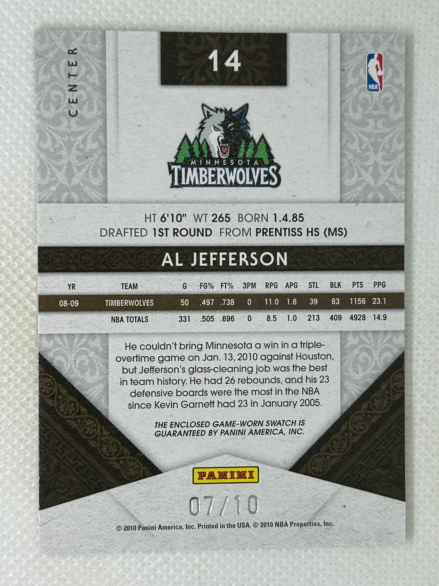 2009-10 Panini Timeless Treasures Patch /10 Al Jefferson #14 Minnesota Timberwolves