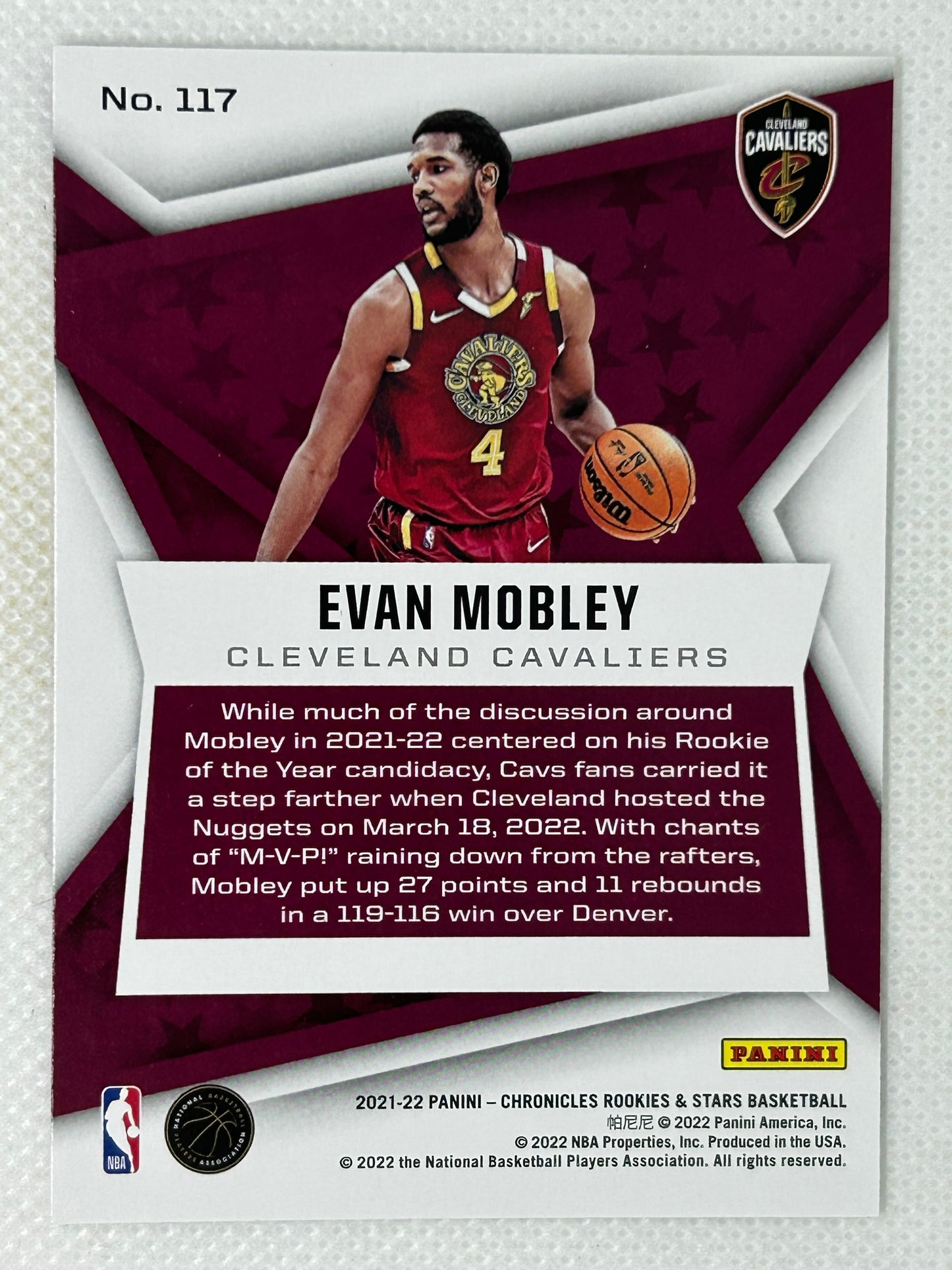 2021-22 Panini Rookies & Stars Evan Mobley Rookie Card #117 Cleveland Cavaliers