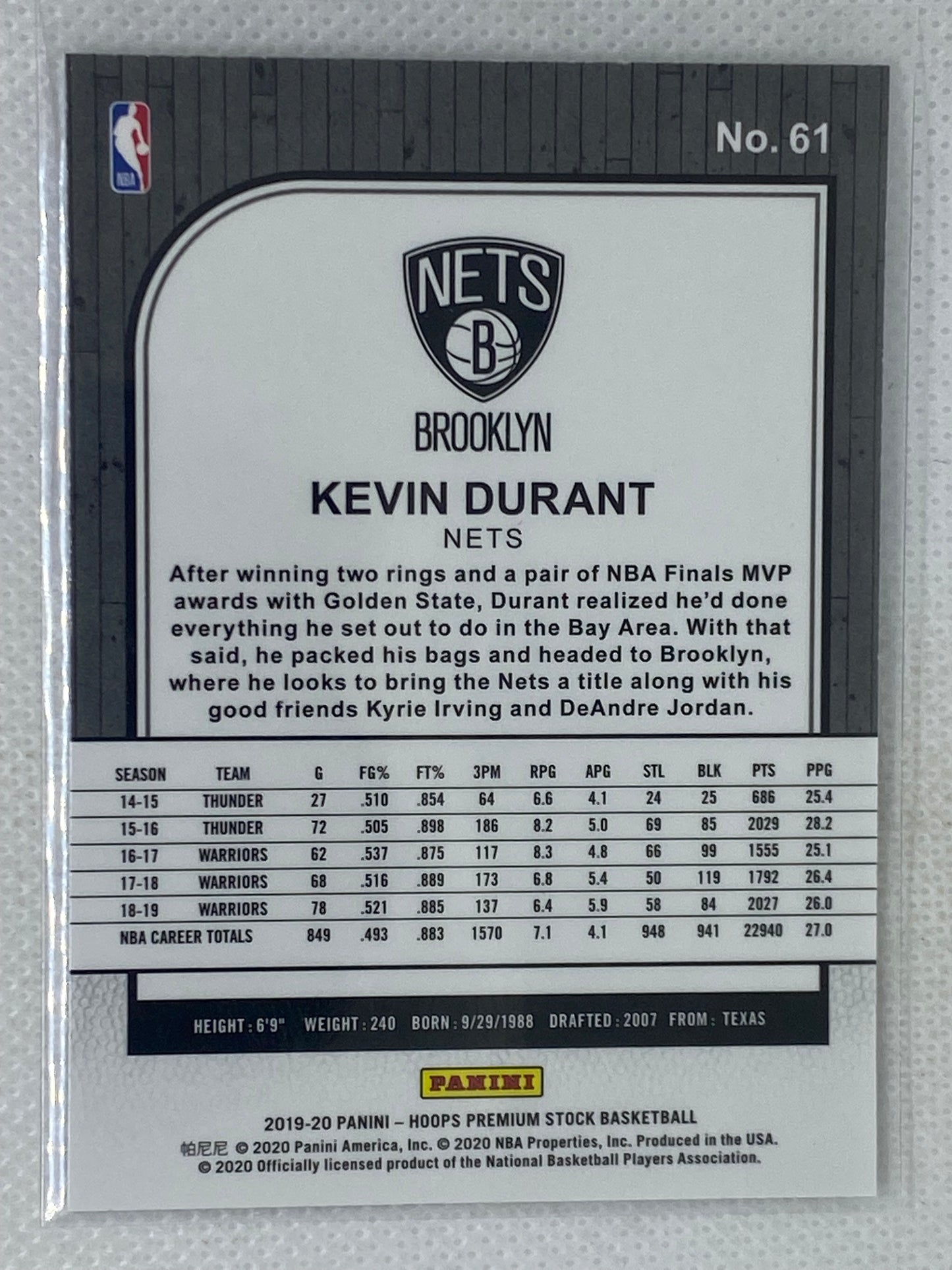 2019-20 Panini Hoops Premium #61 Kevin Durant Brooklyn Nets