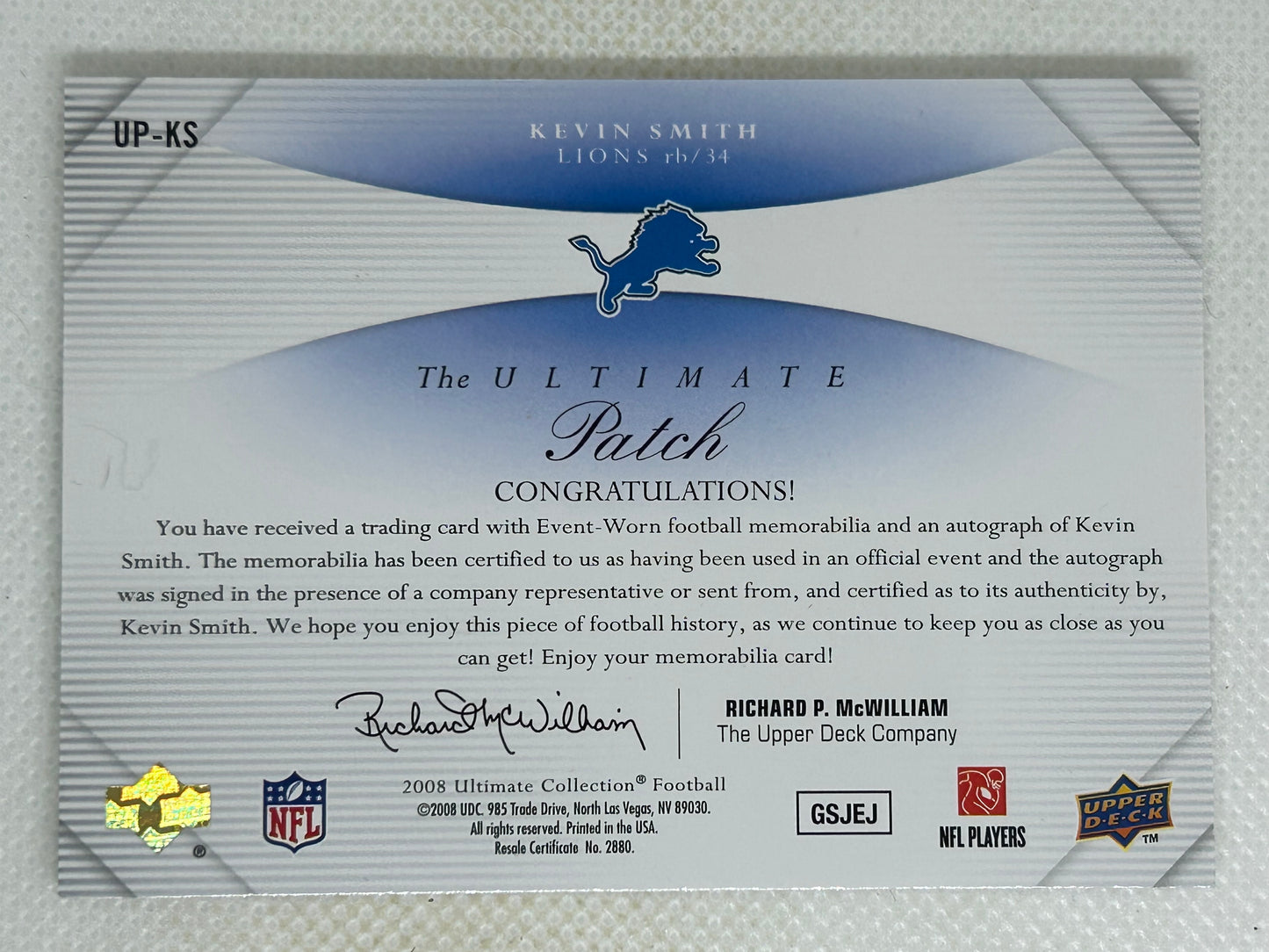 2008 Upper Deck Ultimate Collection The Ultimate Patch Autograph /25 Kevin Smith #UP-KS Detroit Lions