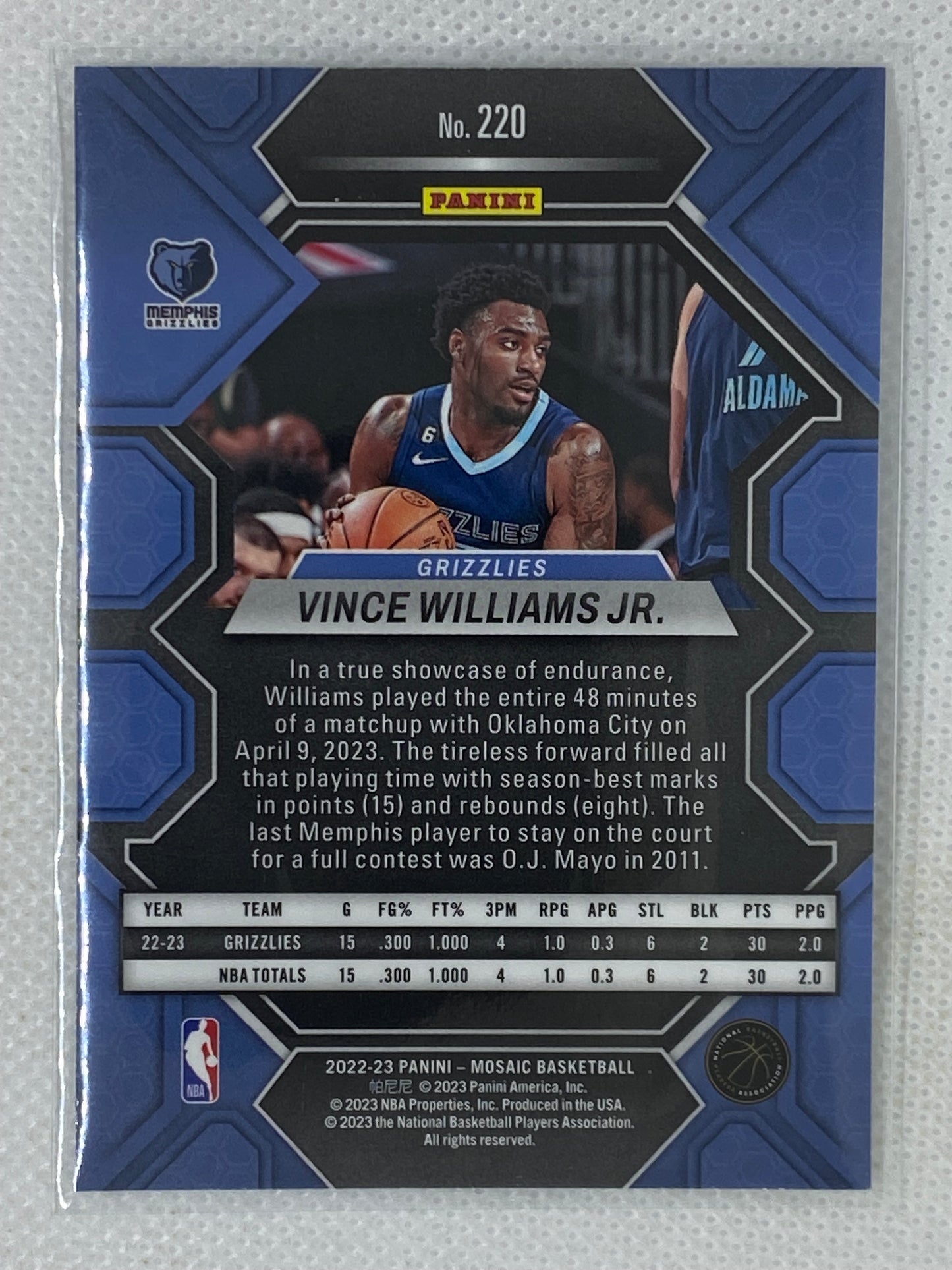2022-23 Panini Mosaic Vince Williams Jr. Rookie Card #220 Memphis Grizzlies