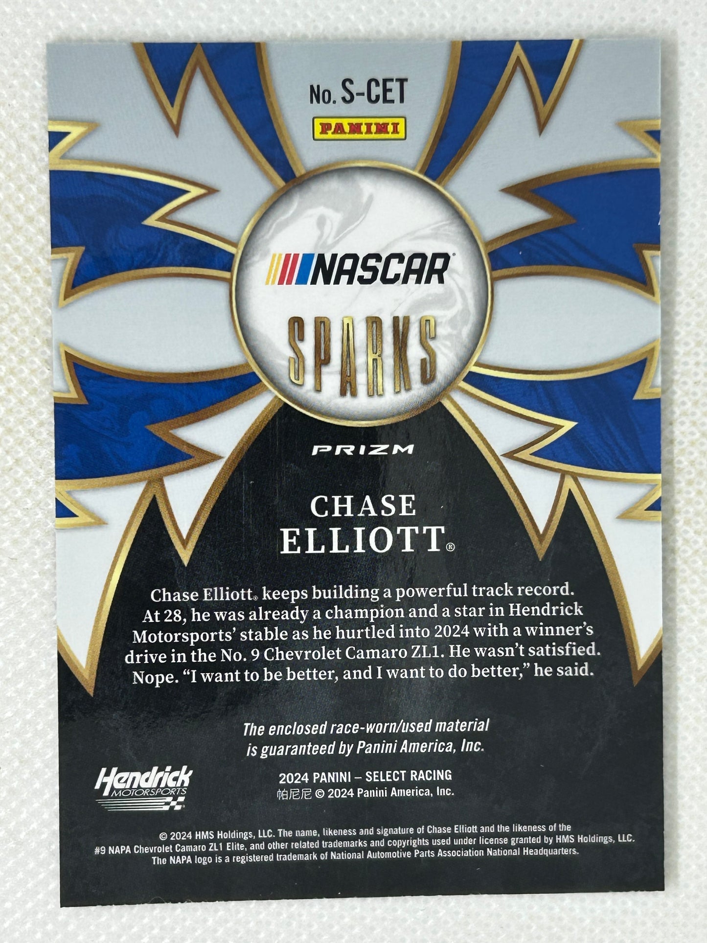 2024 Panini Select Flash Prizm Sparks Race Worn Relic Chase Elliott #S-CET