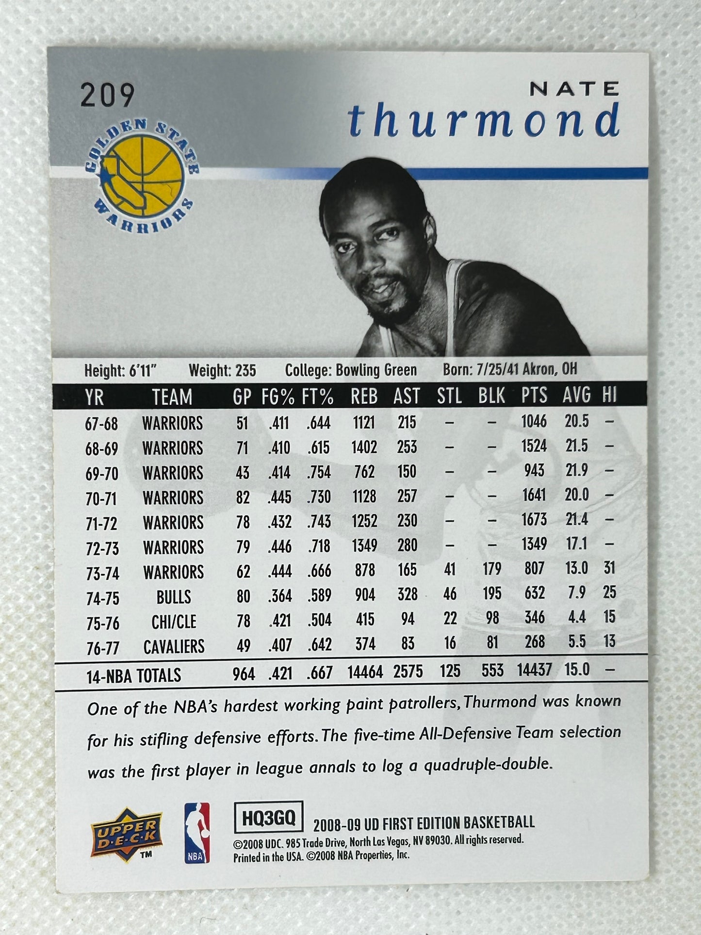 2008-09 Upper Deck First Edition UD Legends #209 Nate Thurmond Golden State Warriors