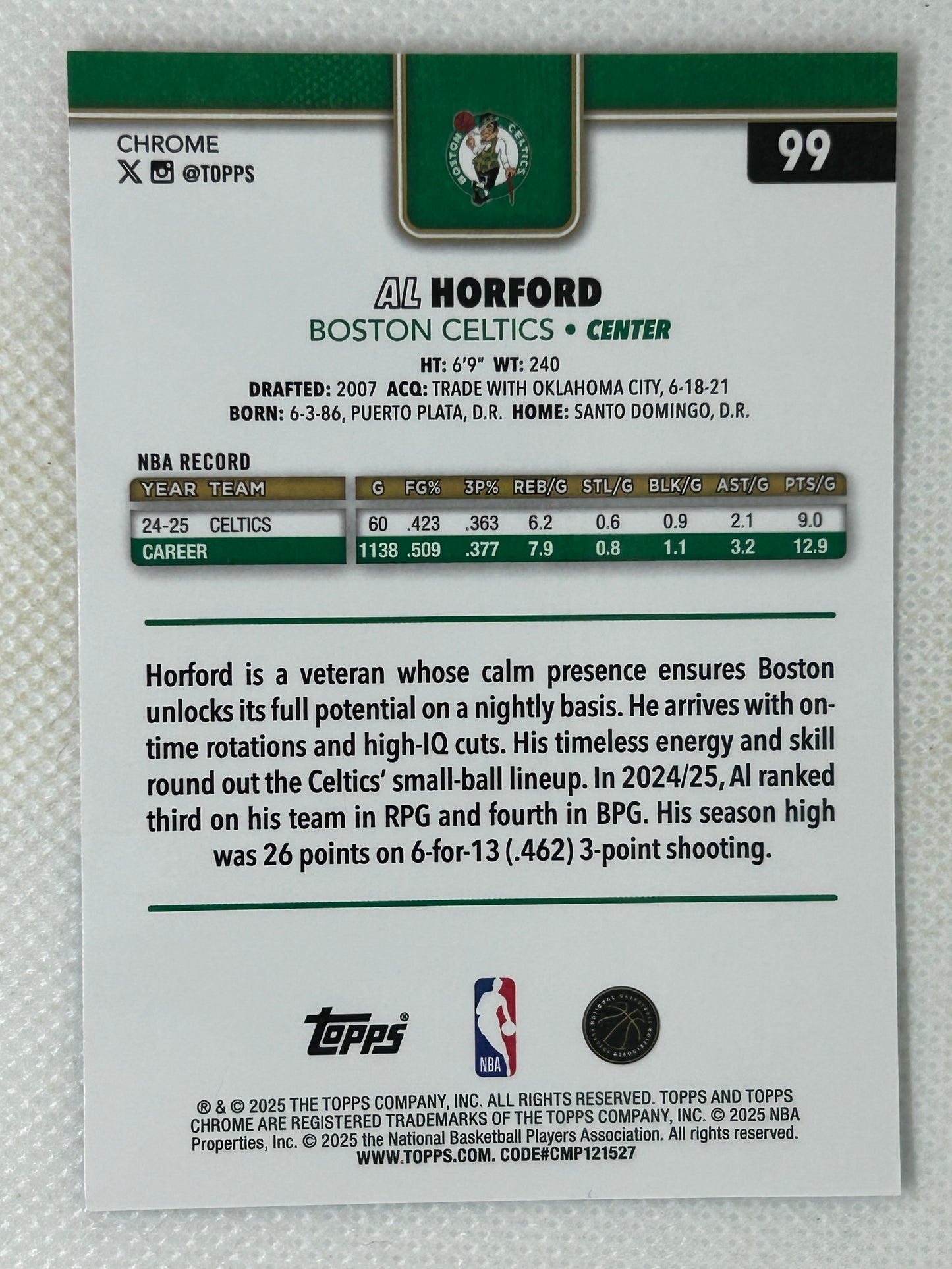 2025-26 Topps Chrome Al Horford Red White Blue Refractor #99 Boston Celtics