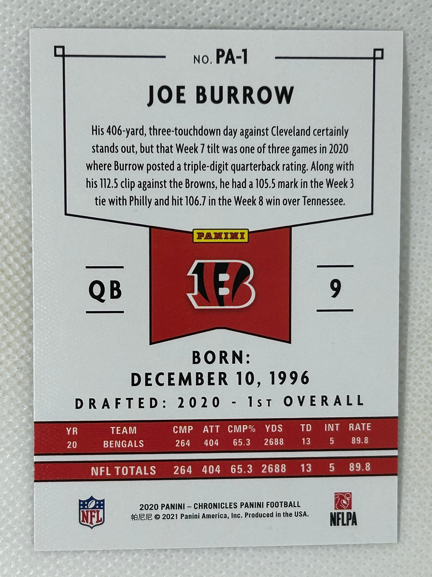 2020 Panini Chronicles Joe Burrow Rookie Pink #PA-1 Cincinnati Bengals
