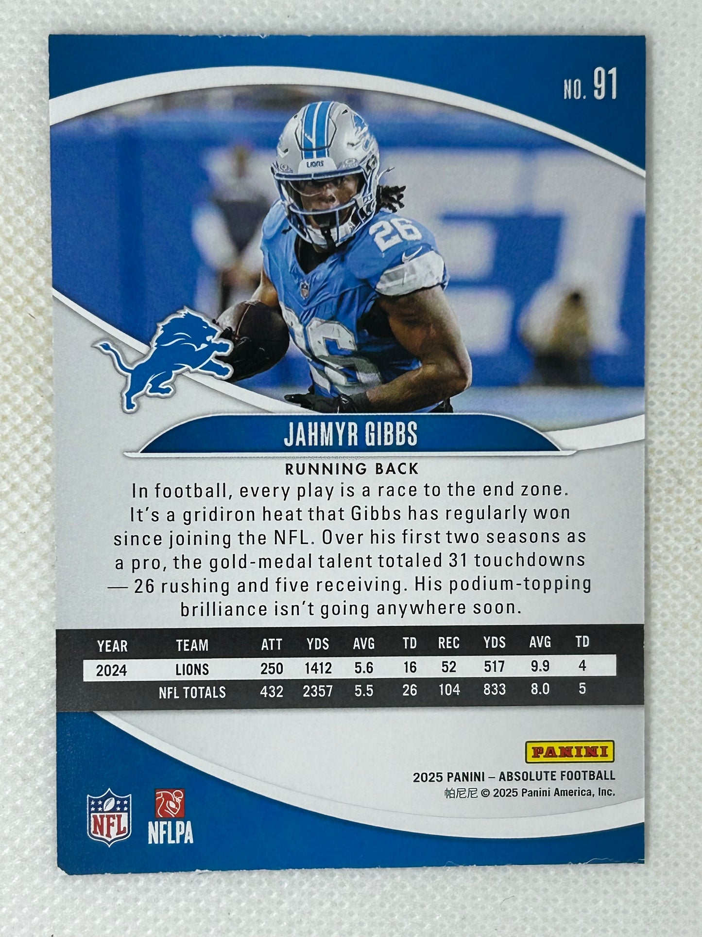 2025 Panini Absolute Jahmyr Gibbs Base Card #91 Detroit Lions