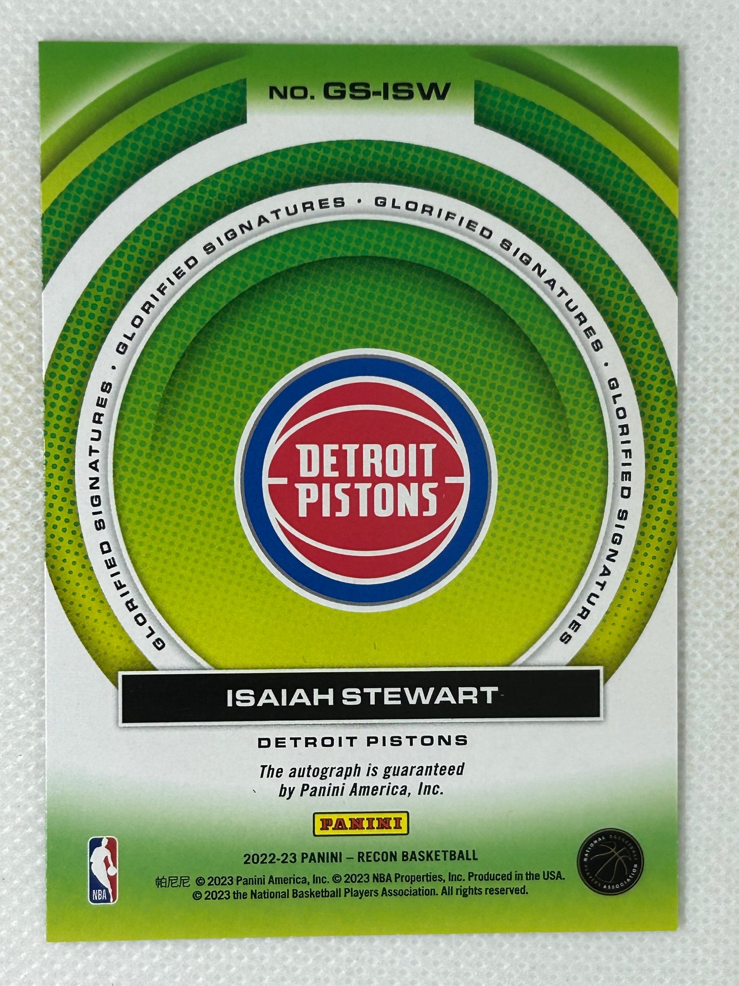 2022-23 Panini Recon Glorified Signatures Green Autograph #GS-ISW /125 Isaiah Stewart Detroit Pistons