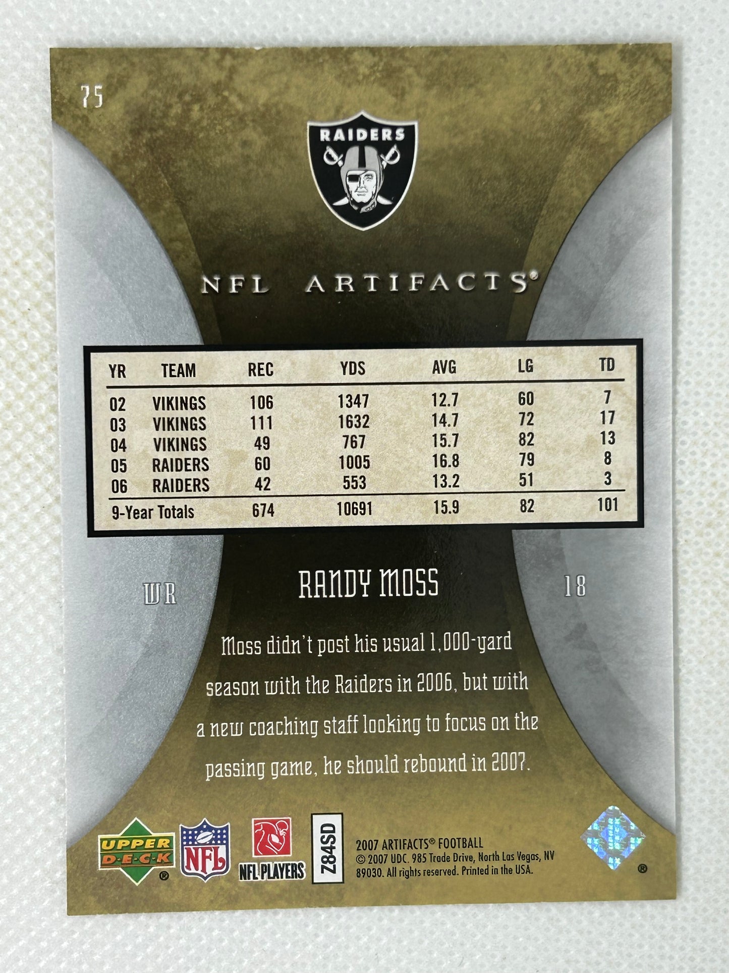 2007 Upper Deck Artifacts Football #75 Randy Moss Oakland Raiders
