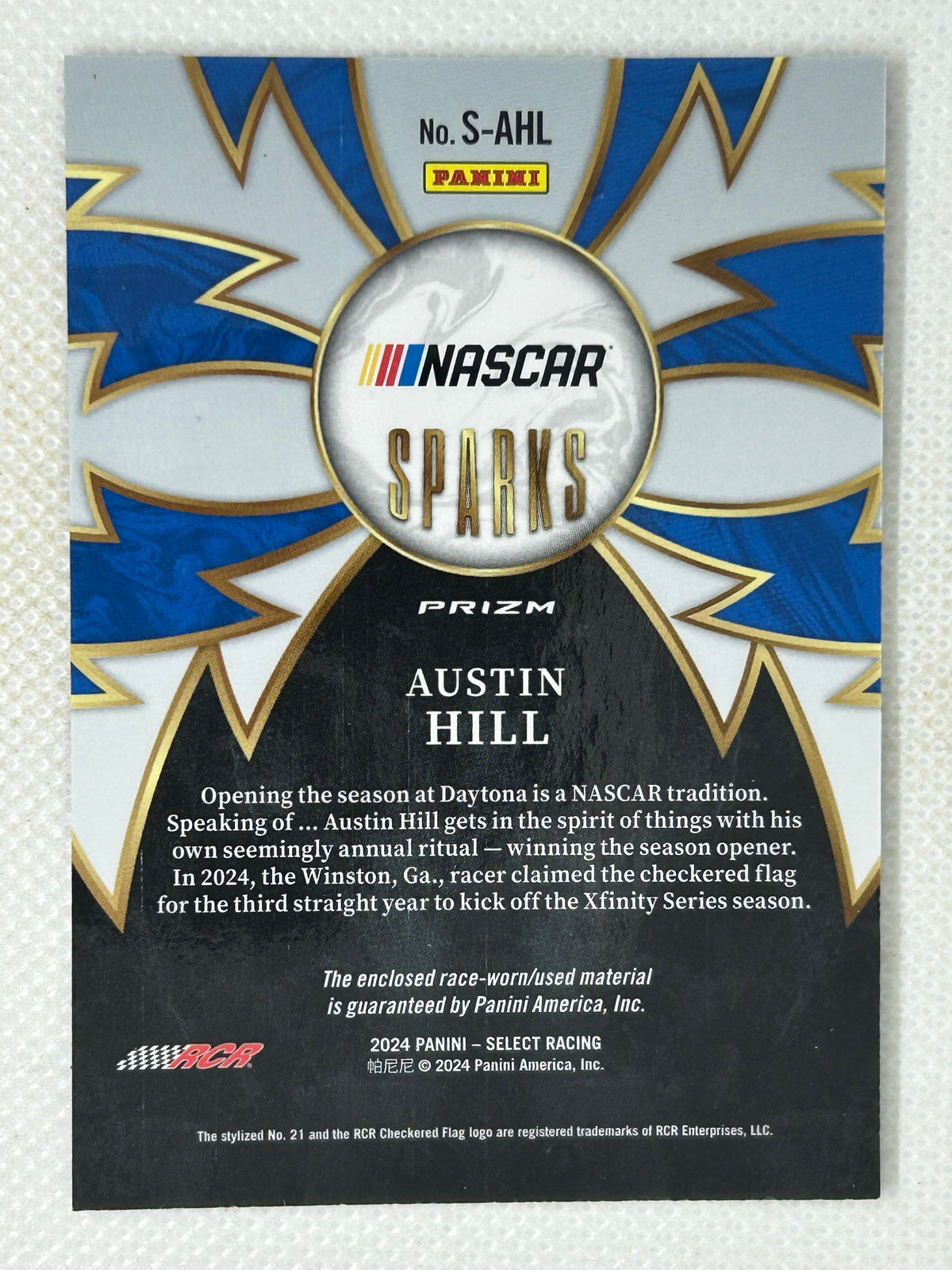 2024 Panini Select Racing Sparks Silver Flash Relic Race Used Swatch Austin Hill #S-AHL