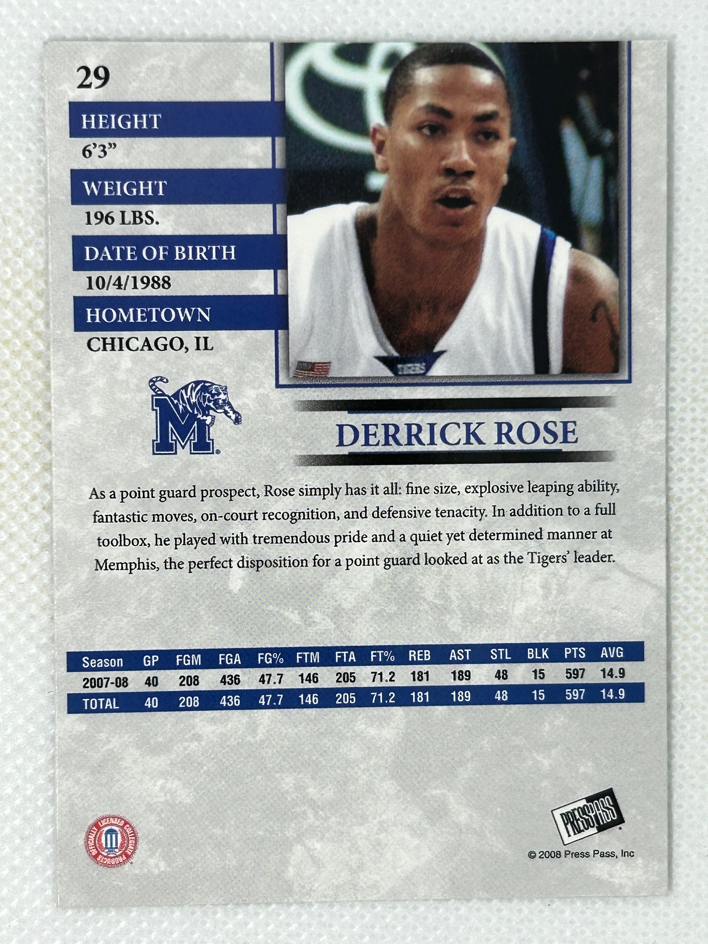 2008-09 Press Pass #29 Derrick Rose Rookie Card Memphis Tigers