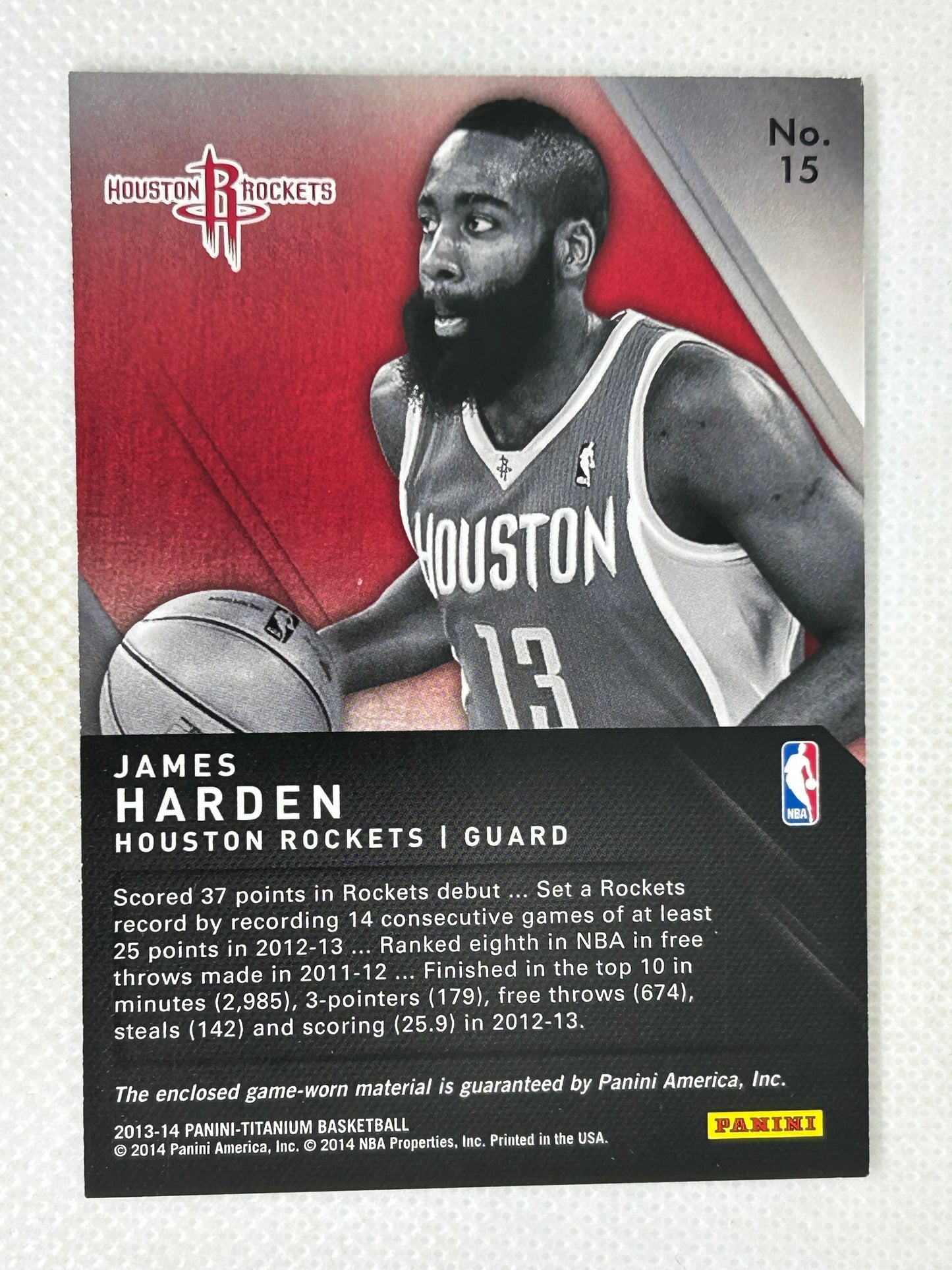2013-14 Panini Titanium James Harden Titanic Game Used Jersey #15 /299 Houston Rockets