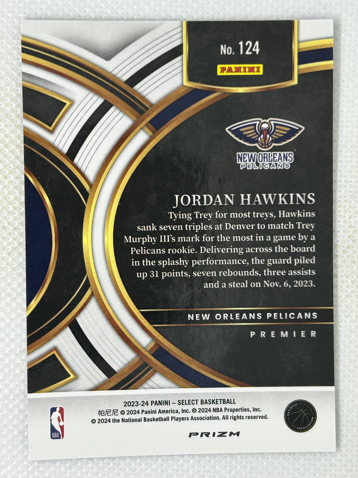 2023-24 Panini Select Premier Blue Silver Prizm #124 Jordan Hawkins New Orleans Pelicans