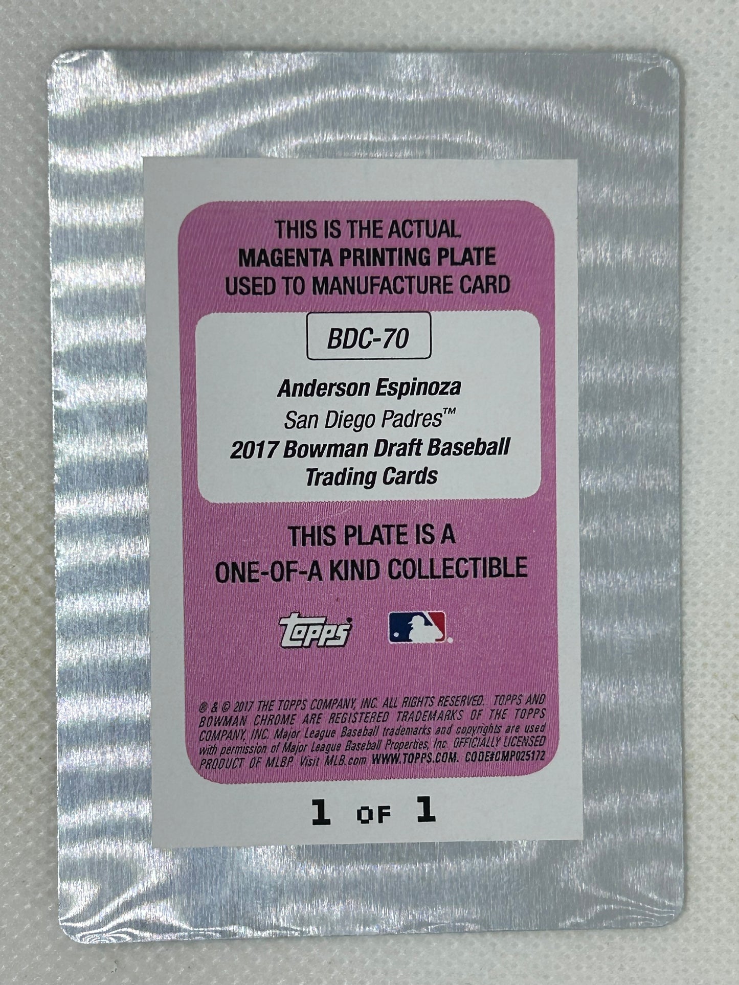 2017 Bowman Draft Anderson Espinoza #BD-70 1/1 Printing Plate San Diego Padres