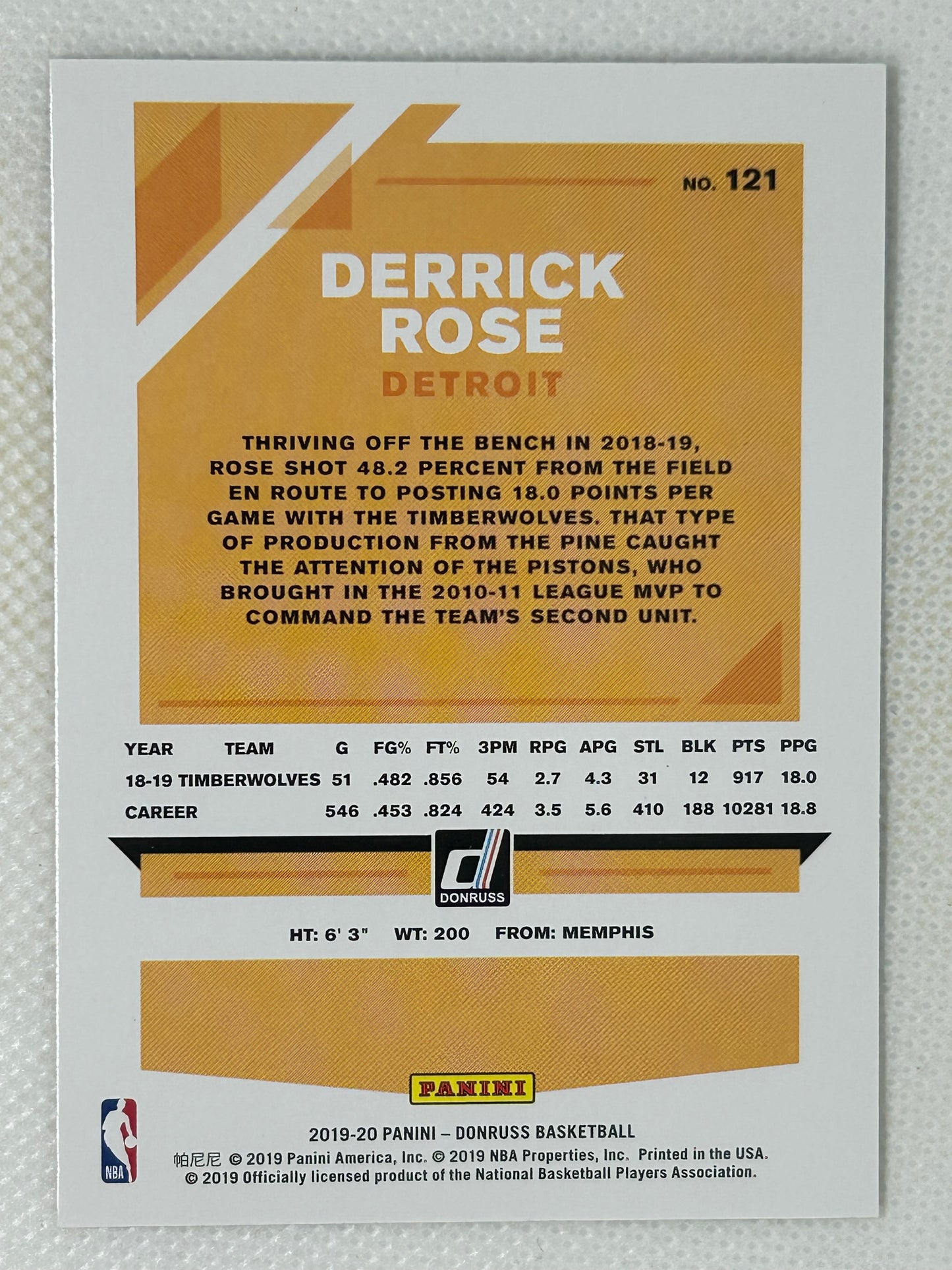 2019-20 Panini Donruss Green & Yellow Laser #121 Derrick Rose Detroit Pistons