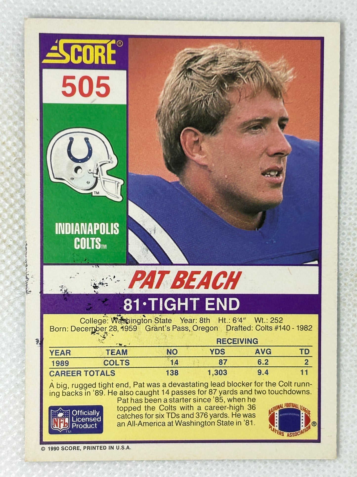 1990 Score Pat Beach #505 Indianapolis Colts Signed Card