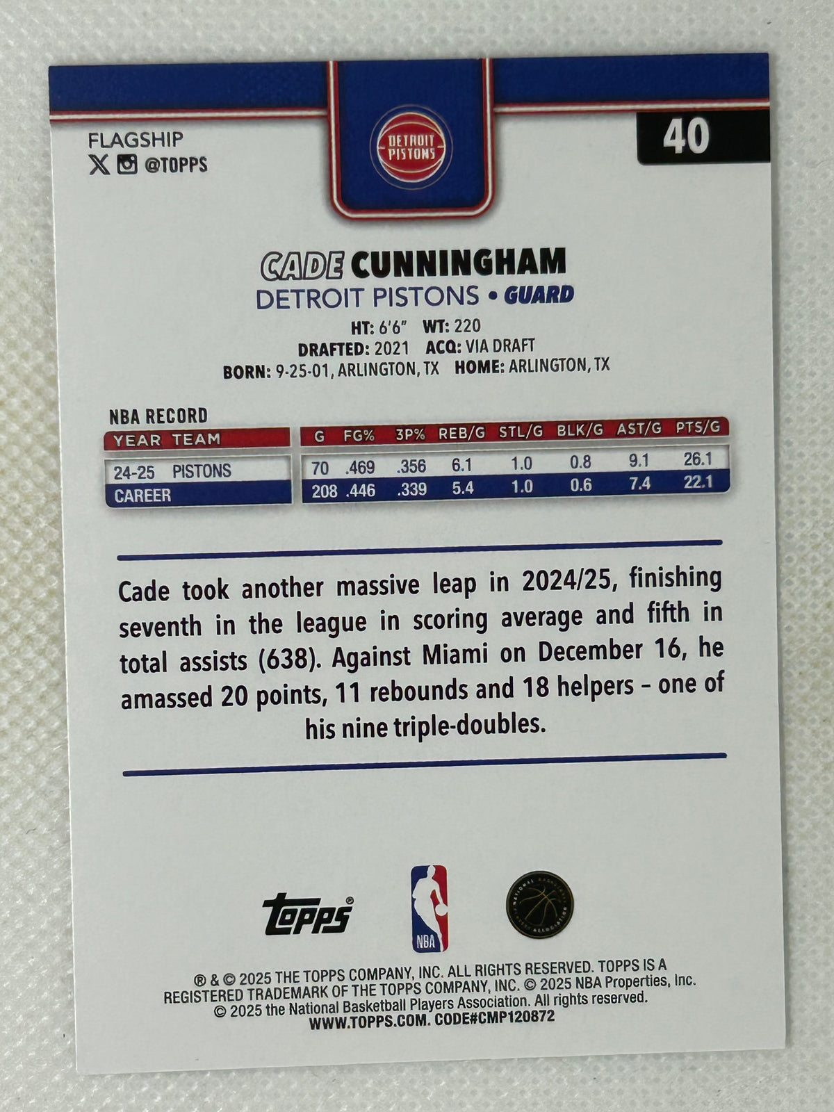 2025-26 Topps Flagship Holofoil Card #40 Cade Cunningham Detroit Pistons